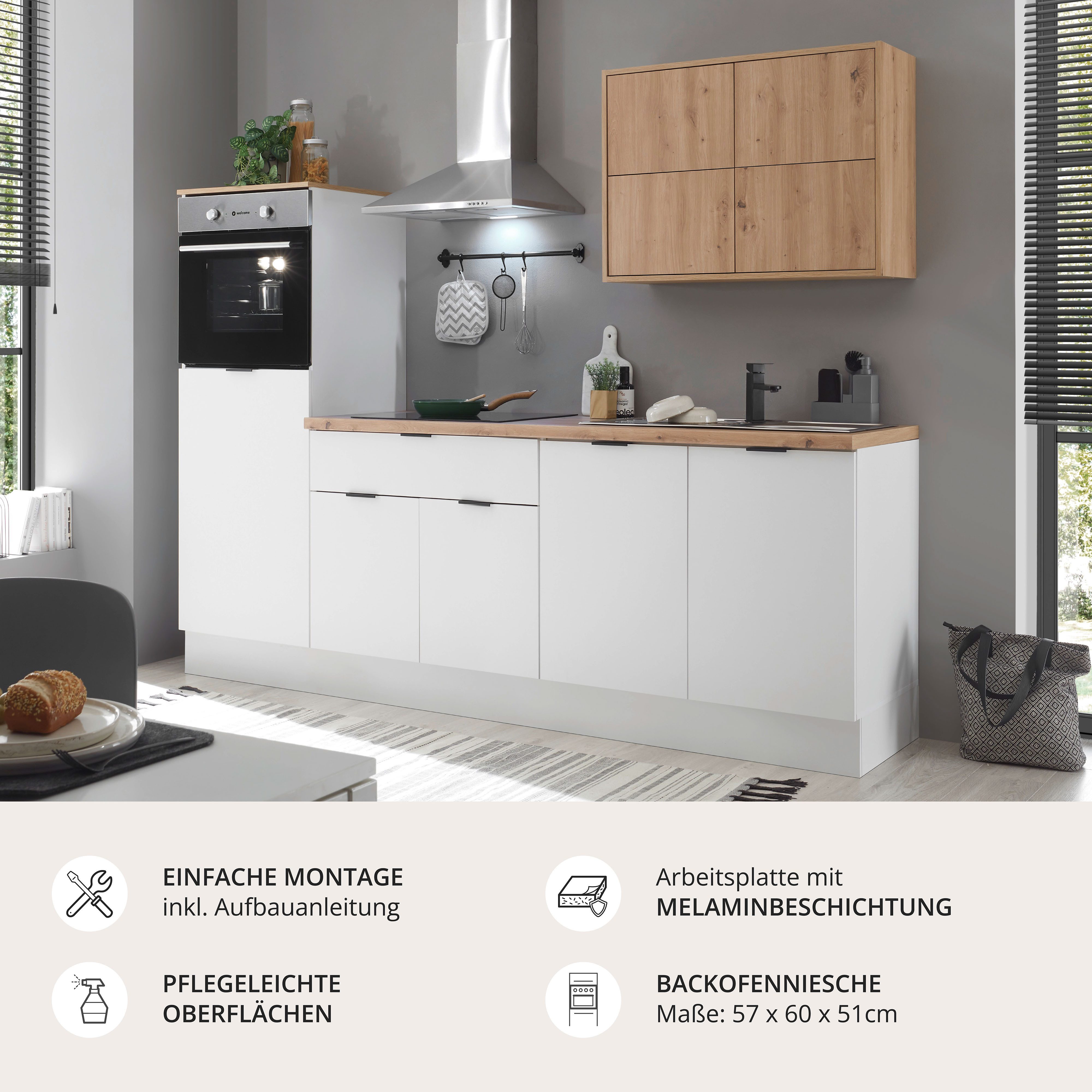 KOCHSTATION Küchenzeile KS-Georgia, mit 38mm starker Arbeitsplatte, Breite 250 cm, wahlweise mit E-Geräten und Kühlschrank