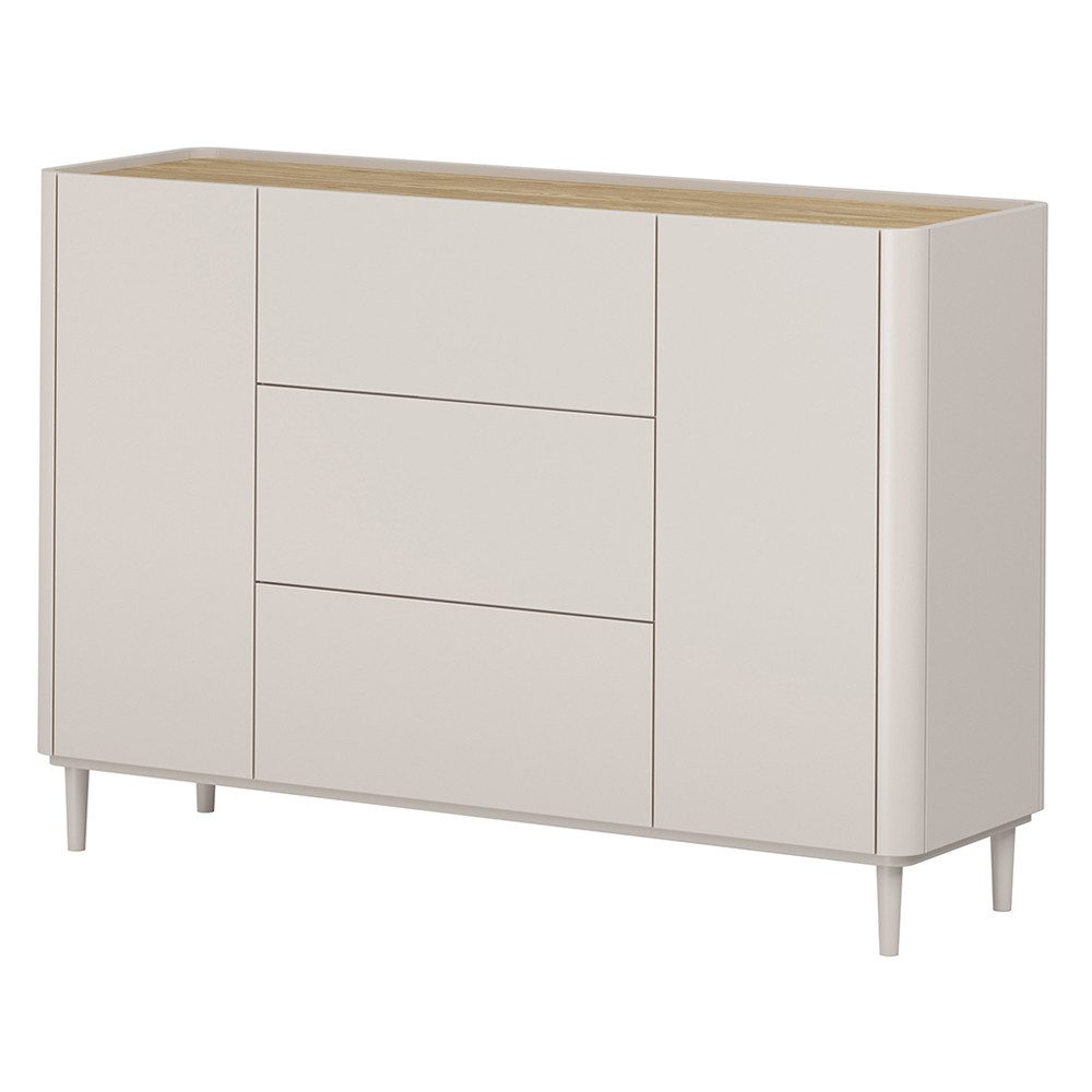 Lomadox Kommode ELOY-141, Kaschmir Beige Eiche Dekor 150 cm Holzfüße grifflos Softclose