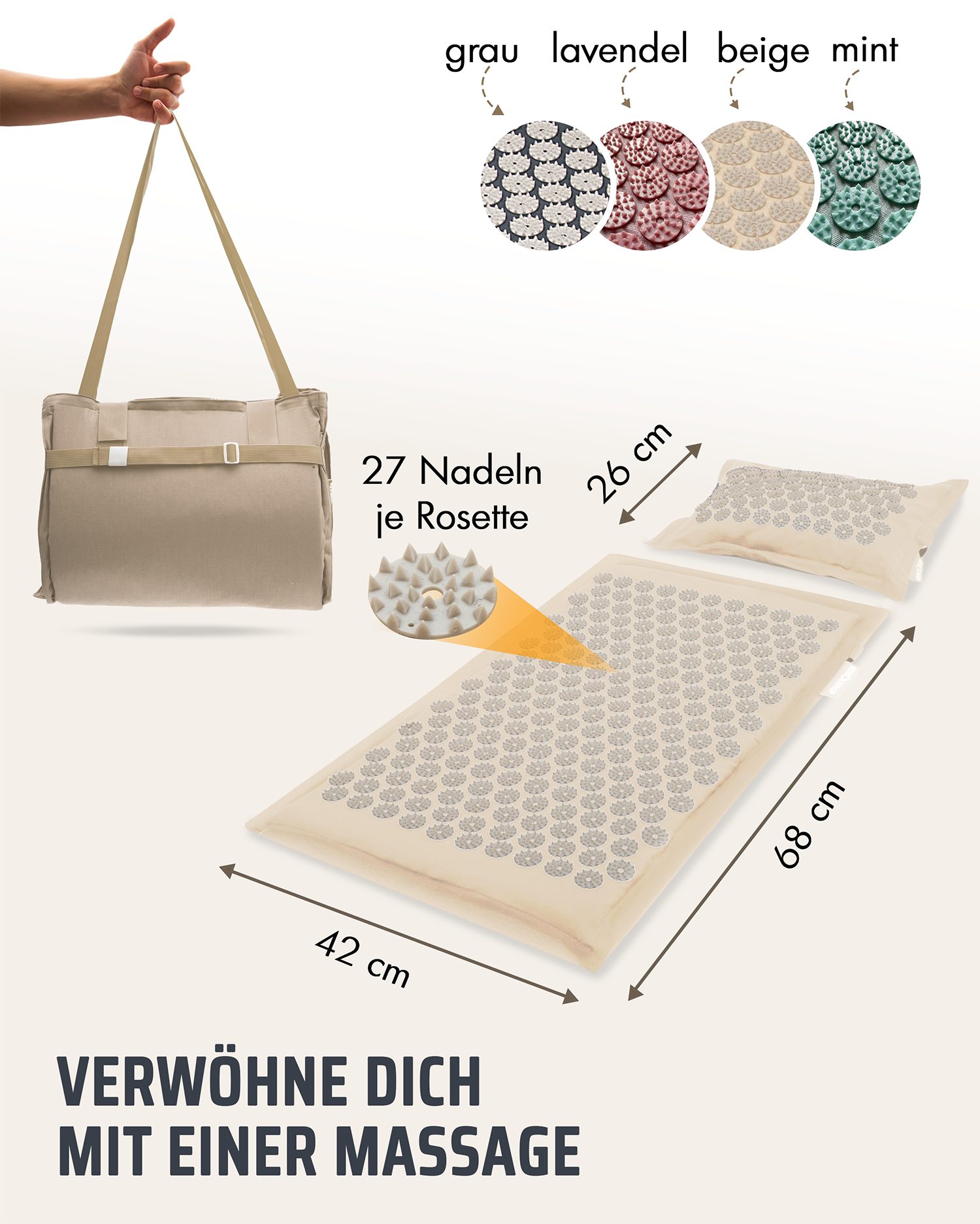 NEOLYMP Akupressurmatte Akupunkturmatte 100% Leinen, Kokosfaserfüllung, Buchweizen (Akupressur matte Akupressurkissen Baumwolldecke, Akupressurmatte, Akupressurkissen, Baumwolldecke), 8000 Druckpunkte, Nagelmatte inkl. Eingewöhnungsdecke, Klettverschluss