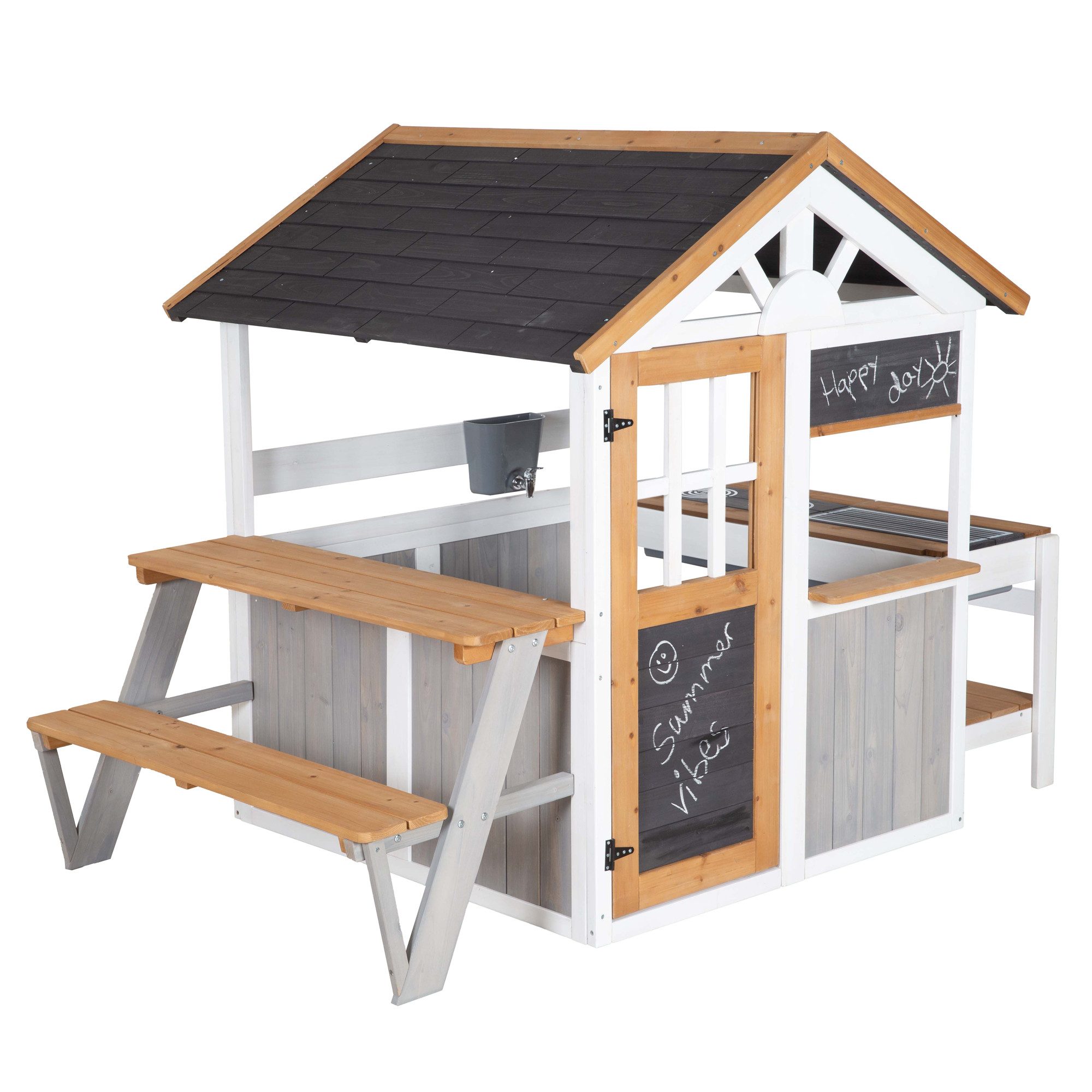 roba® Spielhaus aus Holz - Inkl. Spielküche mit Kochfeldern + Picknick-Tisch & Bank, Wetterfestes Kinderspielhaus für den Garten mit Verkaufsstand aus Holz