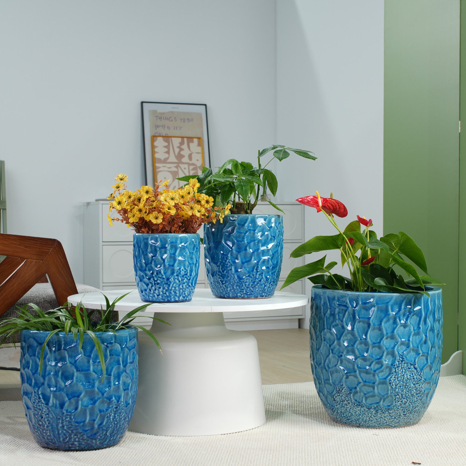 Odikalo Blumentopf Handgefertigter Keramik Pflanztopf mit rundem Hammerschlag-Relief (glänzendes atmungsaktiv frostsicher mit Ablauflöchern für Innen Balkon und Garten (38/30/22,5/18 cm)