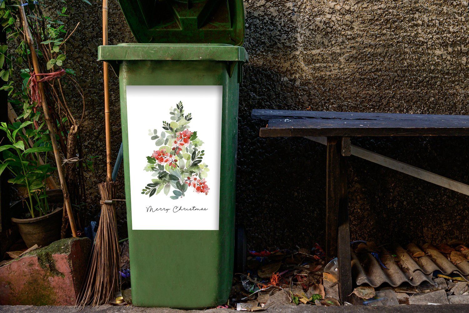 Container, St), Wandsticker Weihnachtsbaum - (1 - Mülltonne, Aquarell Abfalbehälter Mülleimer-aufkleber, MuchoWow Sticker, Zitat