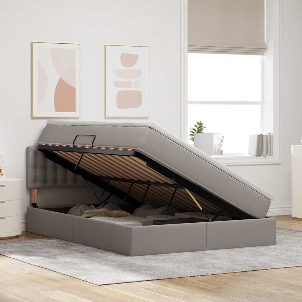 vidaXL Bed with Storage and LED Lighting with Mattress, Taupe, 140 x 190 cm, Fabric (1-piece)