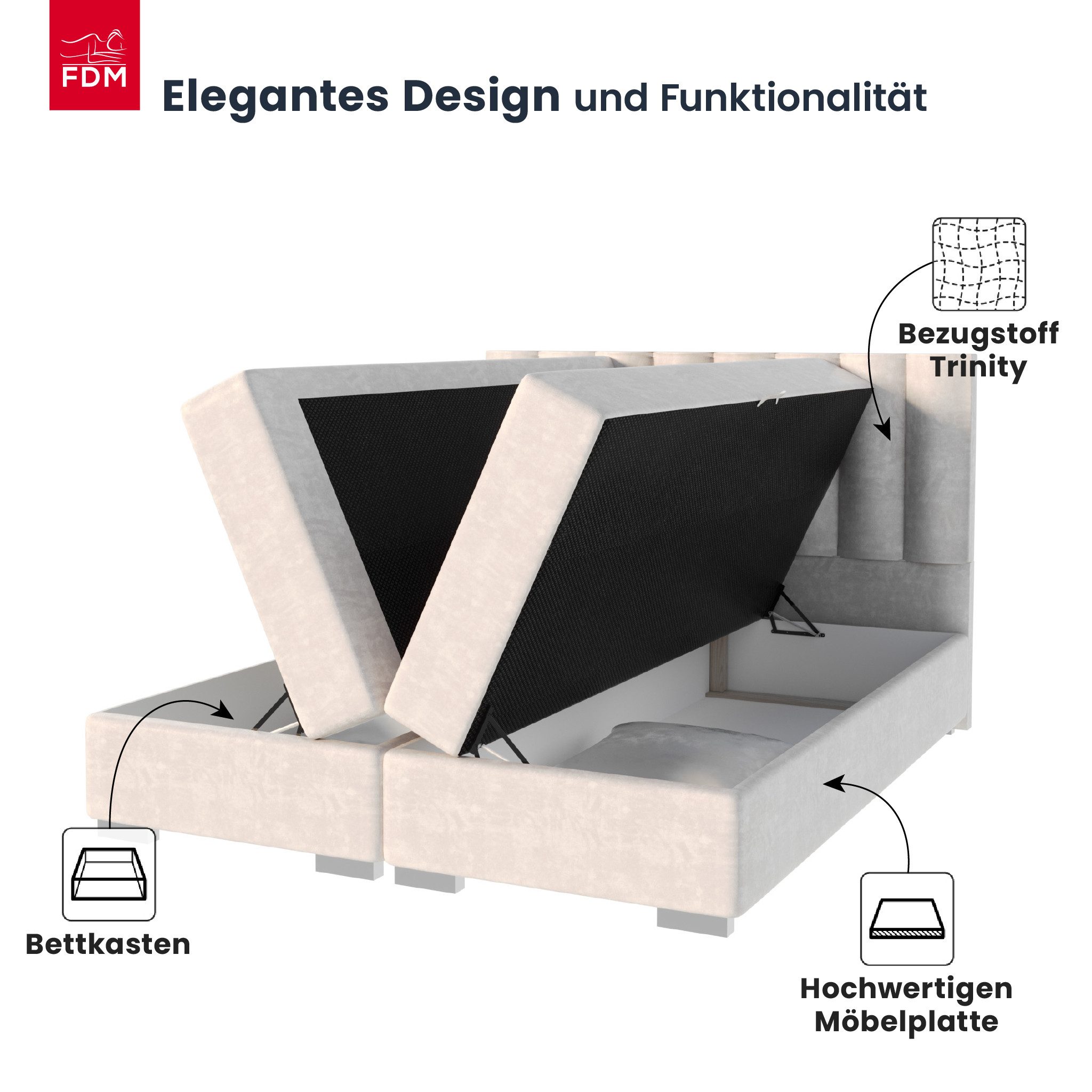 FDM Boxspringbett HEBRON Boxspring Komplettbett Polsterbett Trinity Federkernmatratze (verfügbar 140x200 160x200 180x200cm, Bettrahmen, Bett, mit großen gepolsterten Kopfteil, mit Bettkasten zum aufklappen)