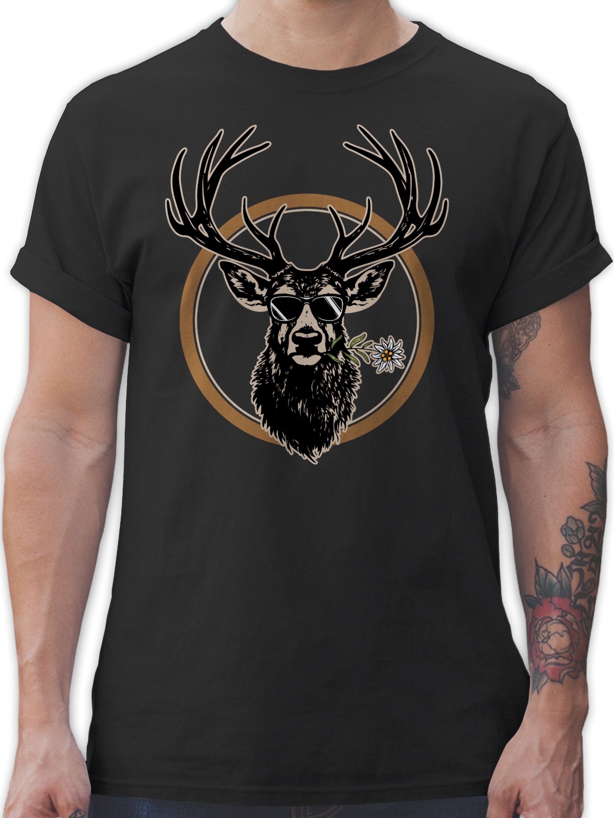 Shirtracer T-Shirt Cooler Hirsch Schwarz 02 Hirschgeweih Oktoberfest für Herren Mode Jäger