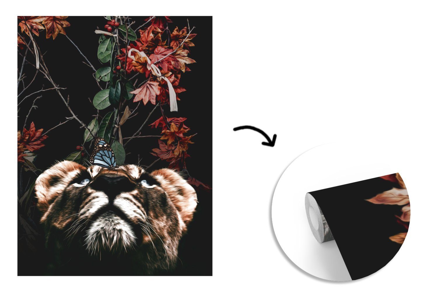 Matt, Tapete Schmetterling - Vinyl Wohnzimmer, Montagefertig - Fototapete MuchoWow Wandtapete bedruckt, (4 für Tiger Blumen, St),