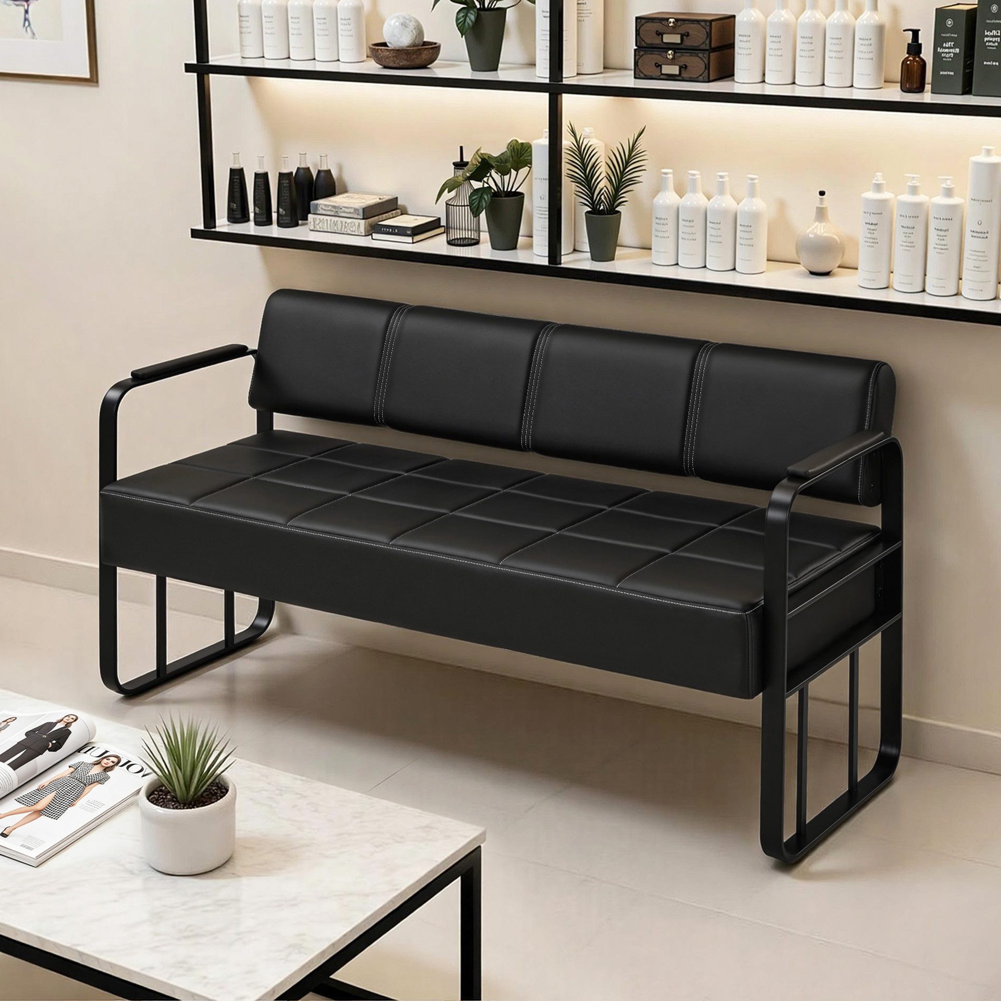Barberpub Sitzbank BarberPub Sitzbank mit Rückenlehne W528 (Schwarz-Gold/Kunstleder)