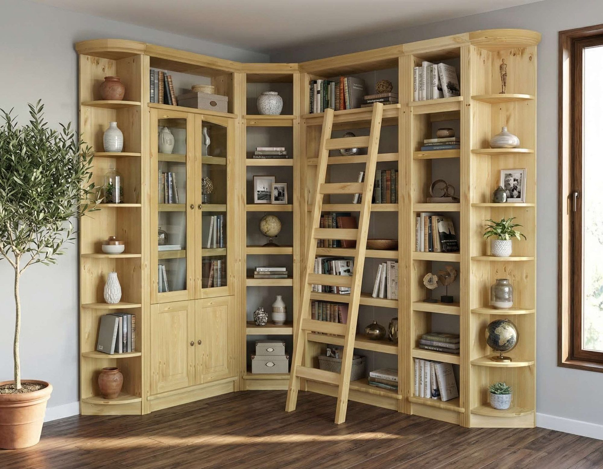 OTTO home Bibliothek Soeren - 7-tlg. Set: mit 1 Regal B 80 cm., 1 Regal B 40 cm, 1 Eckregal, Set 7-tlg., Inkl. 1 Vitrine,2 gerundeten Abschlussregalen und 1 Holzleiter,H220 cm