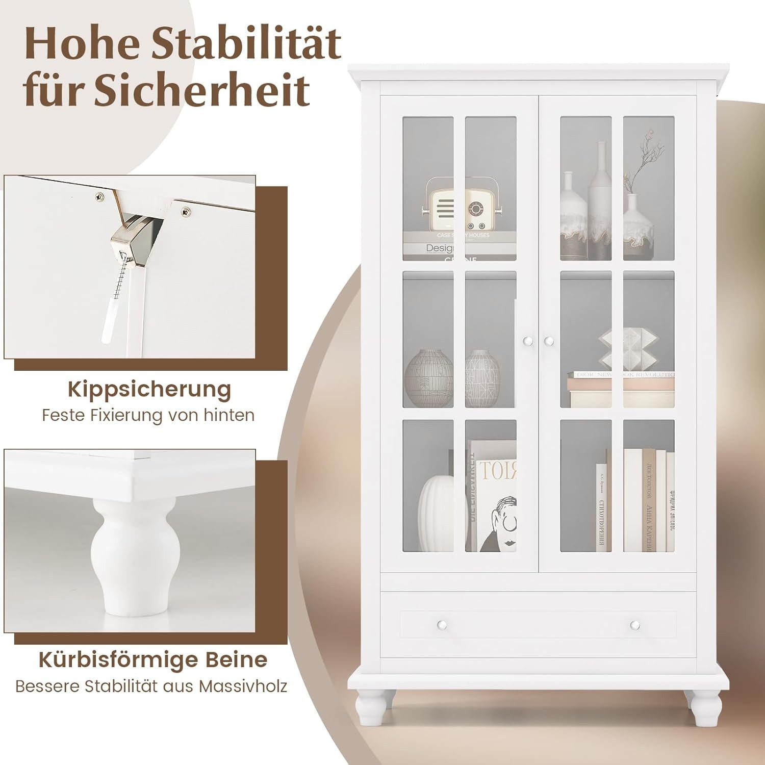 KOMFOTTEU Mehrzweckschrank Bücherschrank Vitrinenschrank mit Glastüren & Schubladen