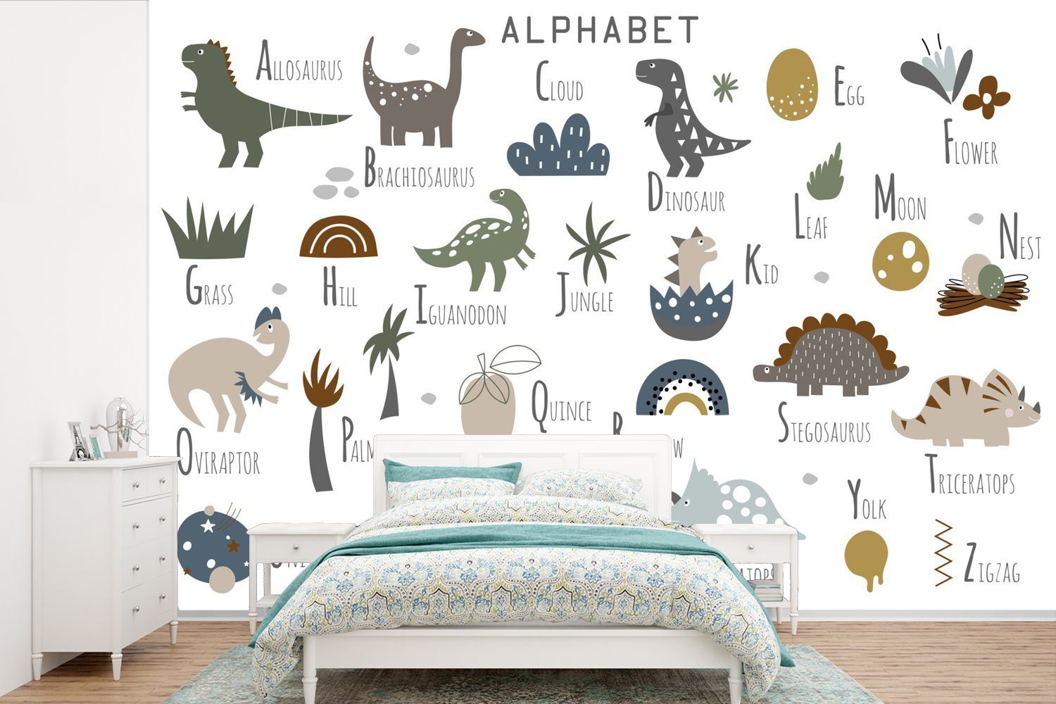 MuchoWow Fototapete Kinderzimmer - Buchstaben - Dinosaurier - Jungen - Mädchen - Kinder, Matt, bedruckt, (6 St), Wallpaper für Wohnzimmer, Schlafzimmer, Kinderzimmer, Vinyl Tapete