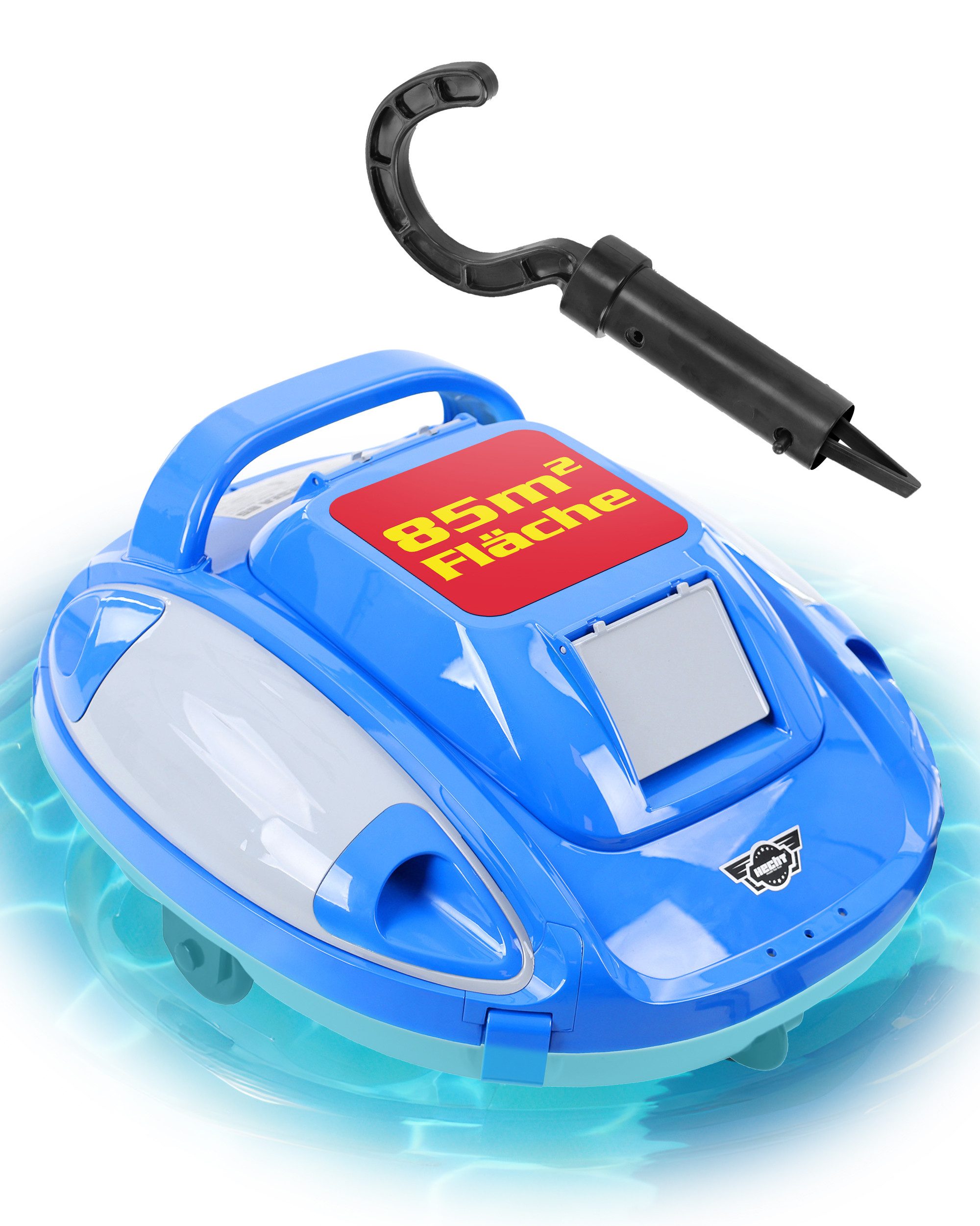 Hecht Poolroboter bis 85 m² mit 3,5 m³/h, 110 min Laufzeit mit 12V 5Ah Akku, 1-Klick-Bedienung, 3 kg, 2,5 m Tauchtiefe