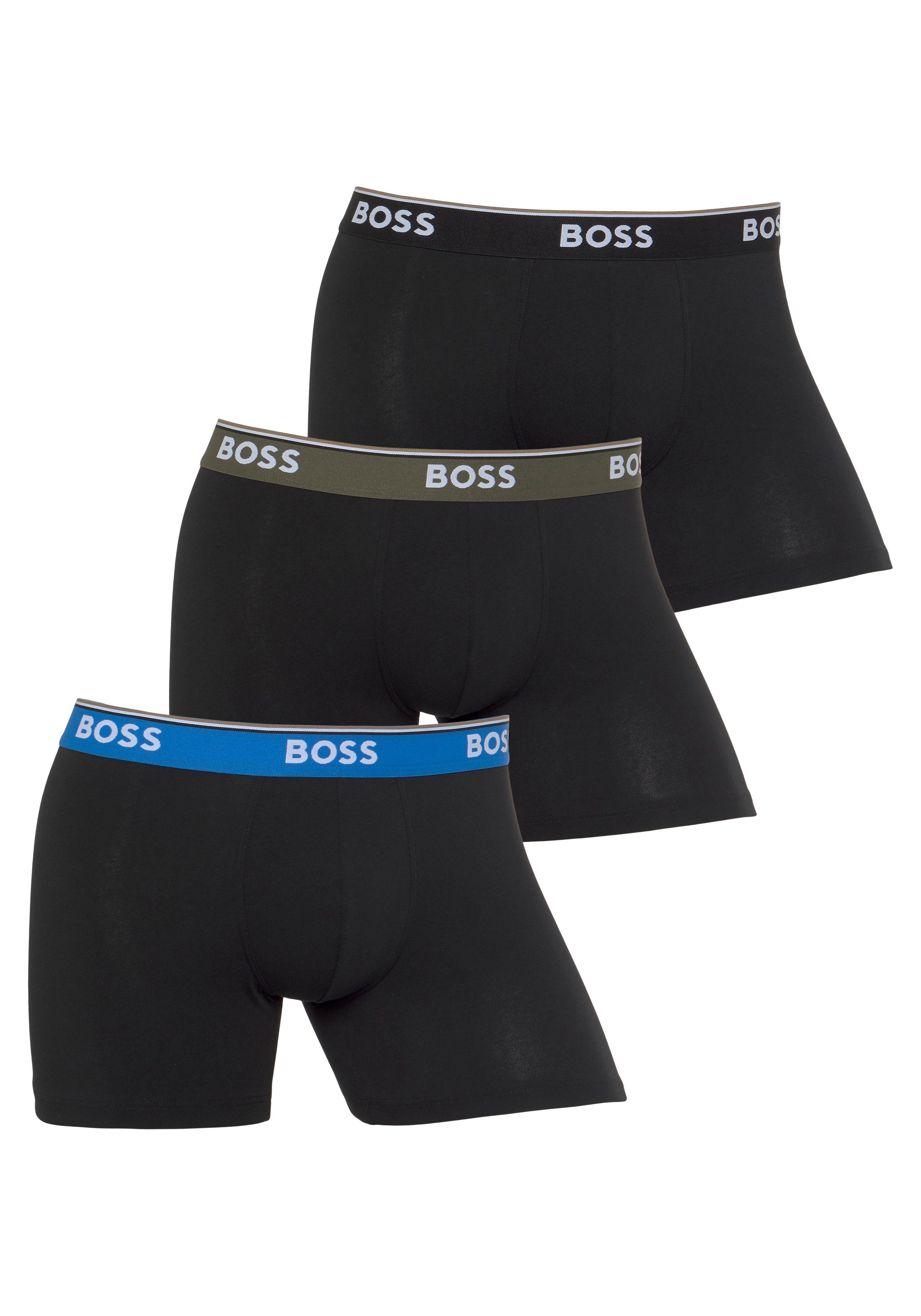 3-St) mit BOSS Power Boxer Schwarz/Blau/Grün Bund (Packung, BoxerBr Logoschriftzug am 3P