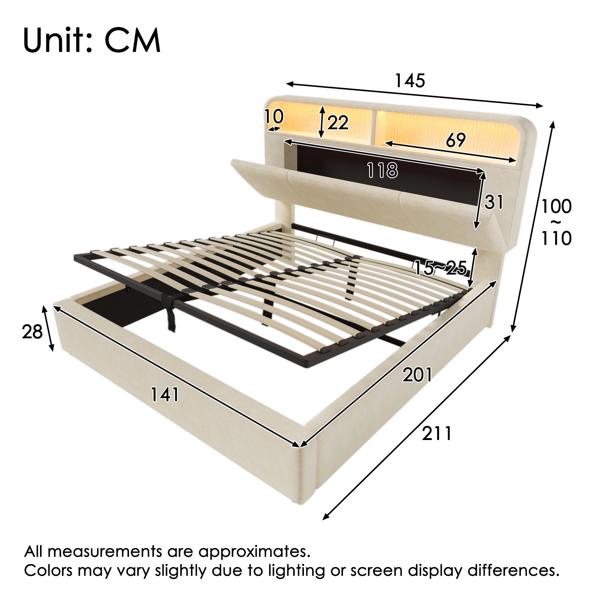 Ulife Stauraumbett mit höhenverstellbarem Stauraum-Kopfteil, (1-tlg), mit LED-Beleuchtung & USB/Type-C Ladestation, 90x200 cm