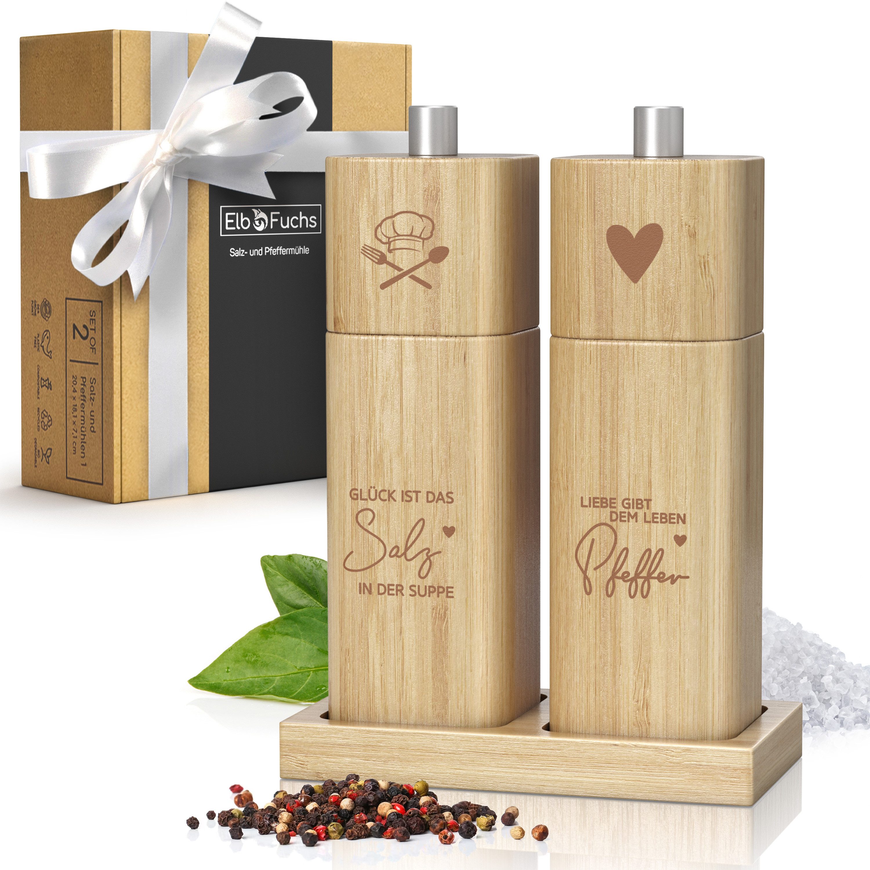 ElbFuchs Salz-/Pfeffermühle Glück & Liebe, manuell, (2 Stück), verstellbarer Mahlgrad, Keramikmahlwerk, Gewürzmühle mit Untersetzer