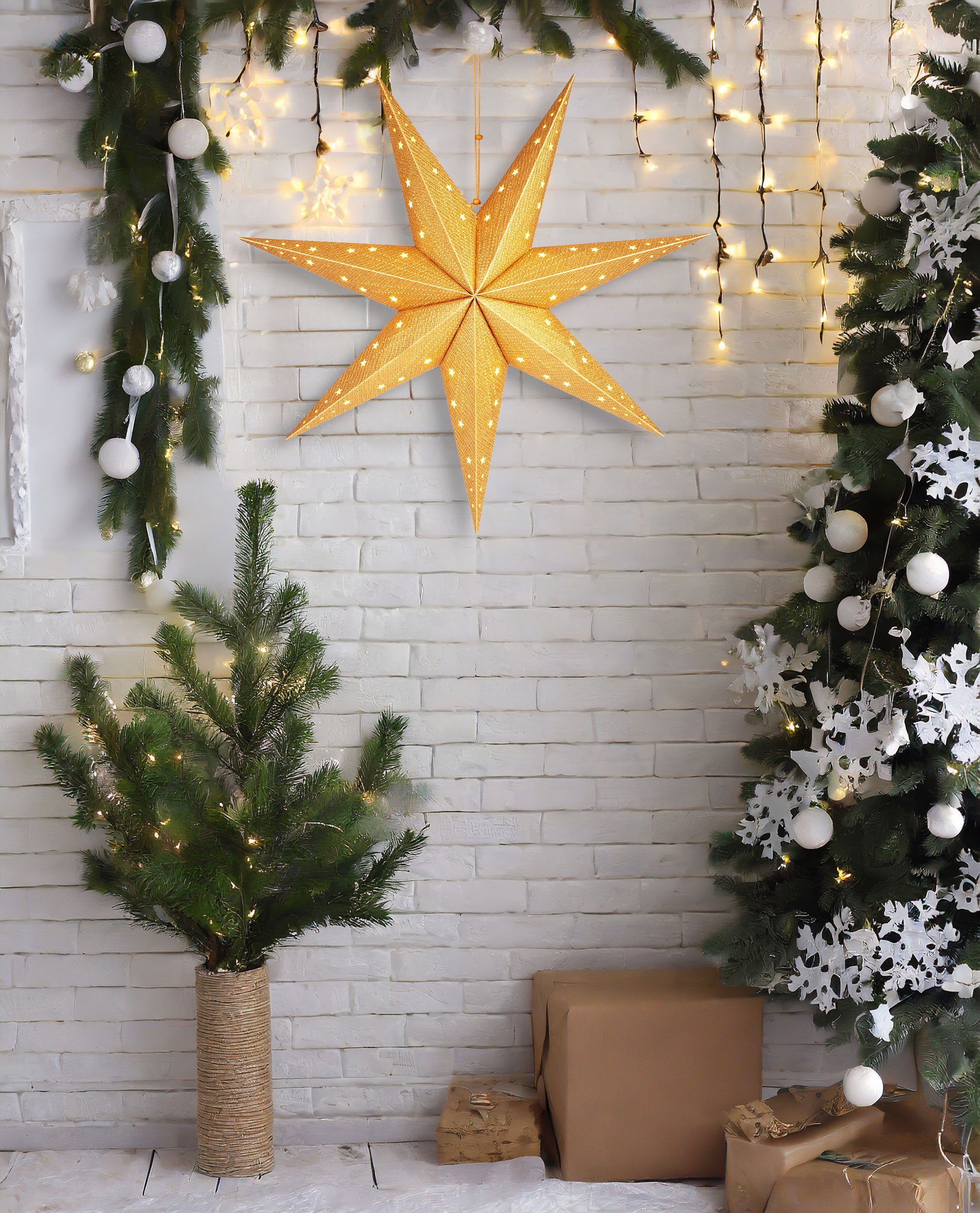 7 fest 3D Leuchtstern BRUBAKER - zum cm 60 Gold Beleuchtet, Deko Adventsstern Weihnachtsstern integriert, Warmweiß, mit LED Fenster Spitzen, LED Papierstern Stern Aufhängen und Batteriebetrieben, Hängend -