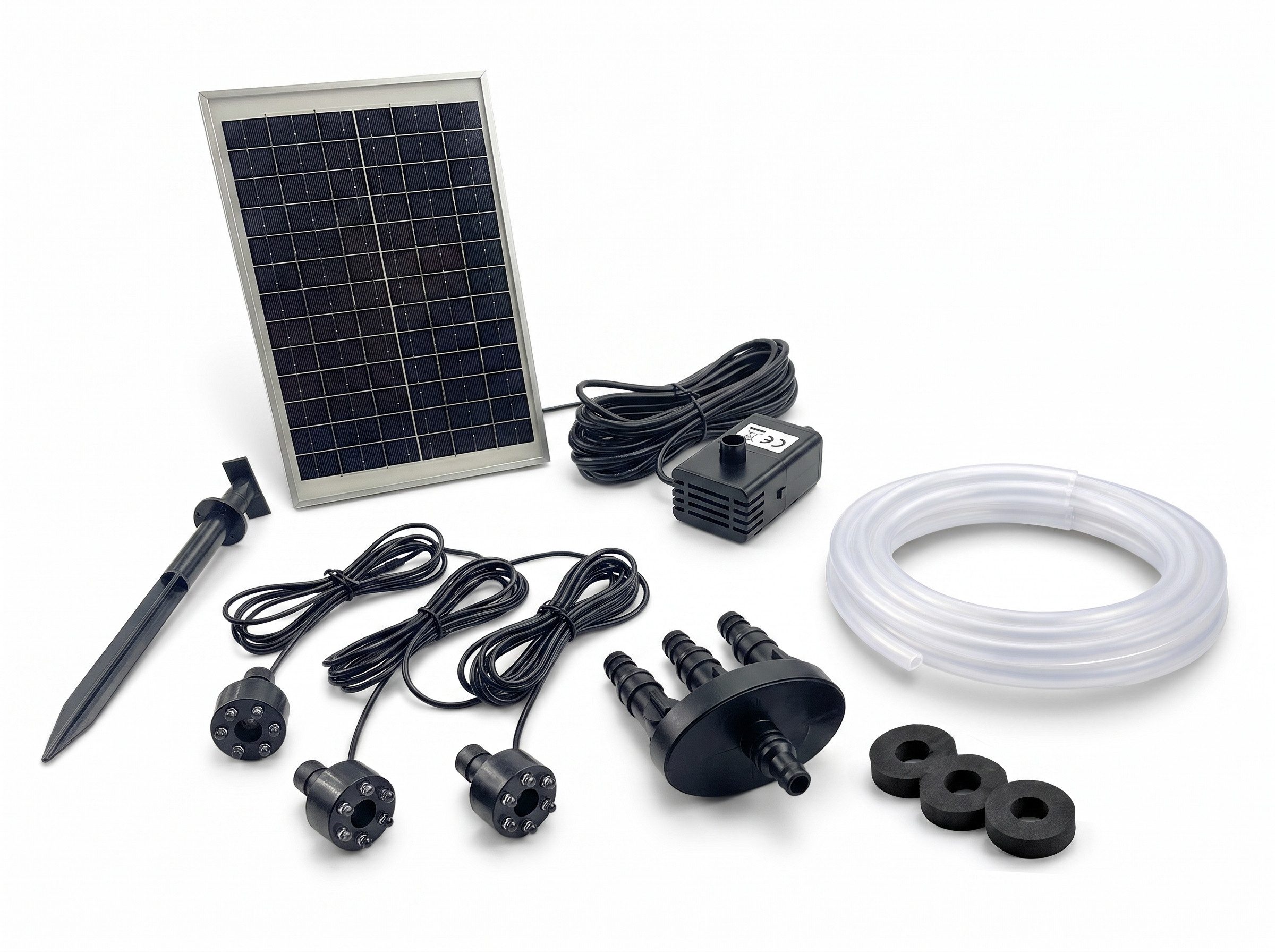 Arnusa Solarpumpe Brunnen Pumpe mit Akku und 3x LED Beleuchtung 550 L/H 2000 mAh (Komplett-Set, Leuchtfarbe warmweiß), inklusive 3m Schlauch, und 3-Wege Schlauchverteiler