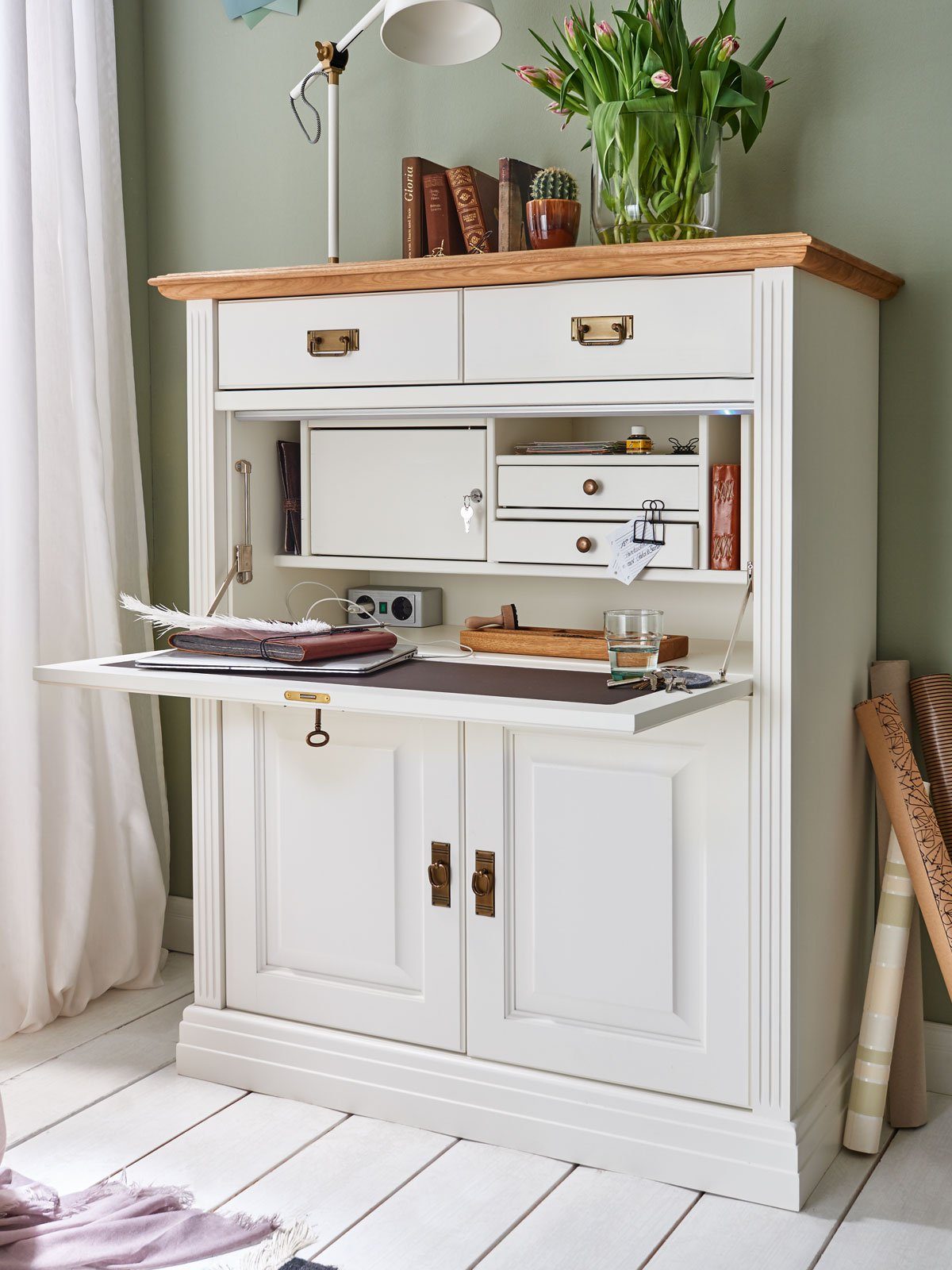 Casamia Sekretär Sekretär Büro Schrank Novara 2-türig 2 Schubladen weiß natur massiv