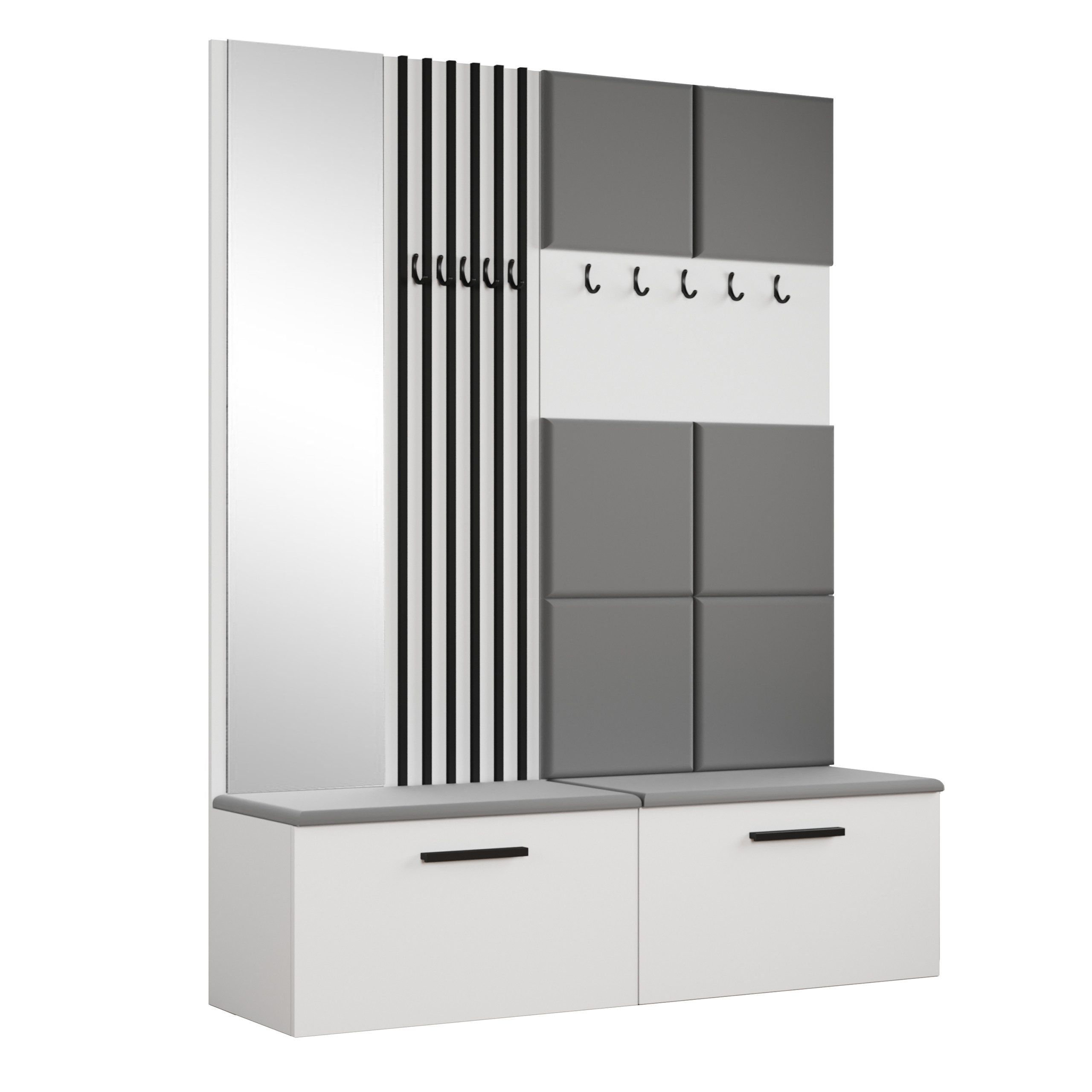 Masseno Garderobenschrank MODULO 161,2 x 204 cm Flurmöbel Garderoben-Set mit Spiegel Weiß