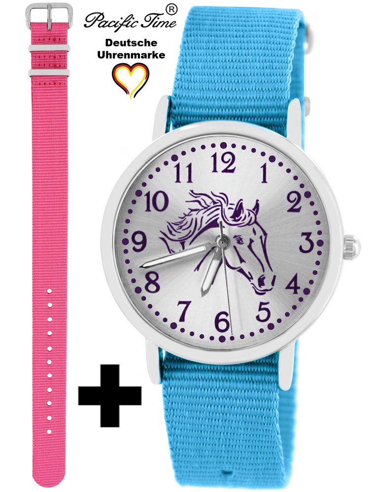Pacific Time Quarzuhr Set Kinder Armbanduhr Pferd violett Wechselarmband, Mix und Match Design - Gratis Versand rosa und hellblau