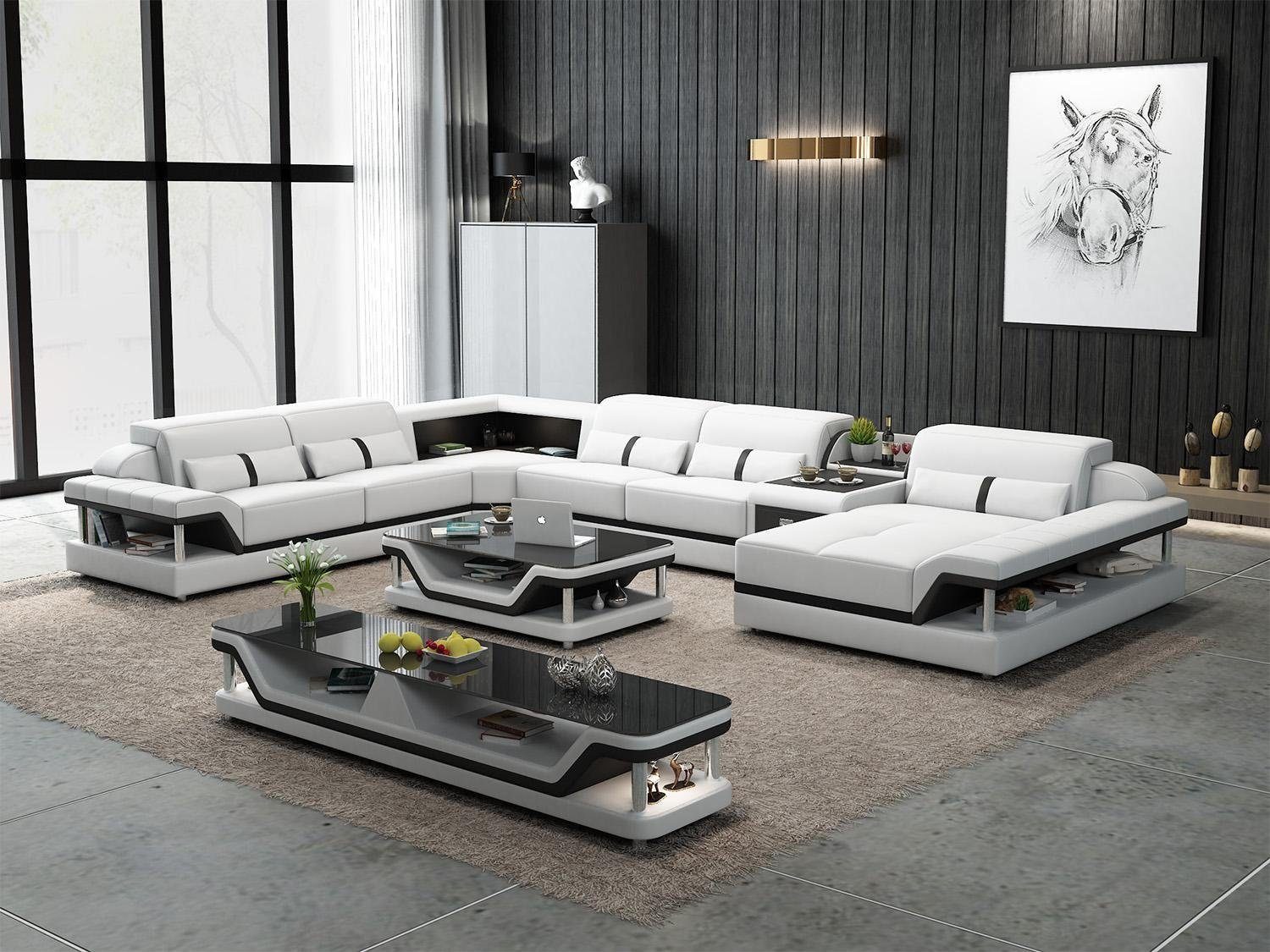 JVmoebel Wohnzimmer-Set, Ecksofa Eckgarnitur Weiß/Schwarz Set Couchtisch mit 2tlg. Wohnzimmer Ledersofa