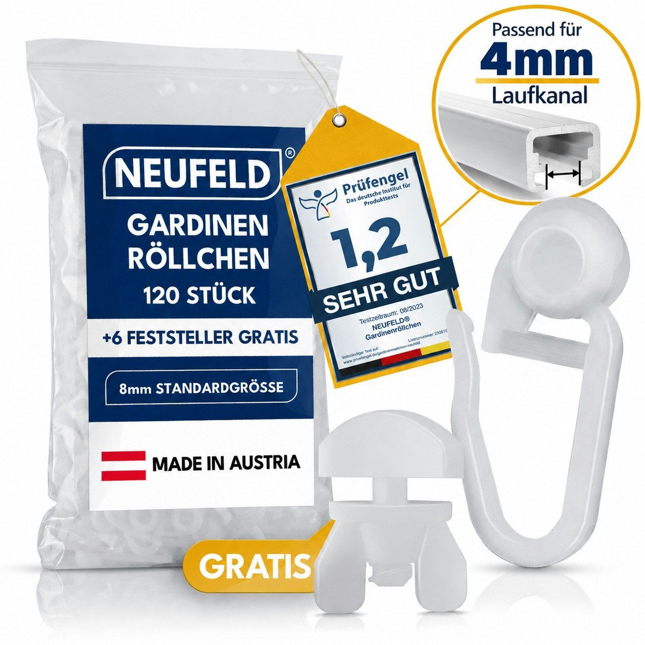 NEUFELD Gardinenröllchen für Schienen 120 Stück inkl. 6 Feststeller I Vorhanggleiter, Gardinenschienen mit 4 mm Laufkanal, Innenlauf-Gardinenschienen, (Set, 120), Waschfest · Leichtläufig · Bruchsicher · Geräuscharm