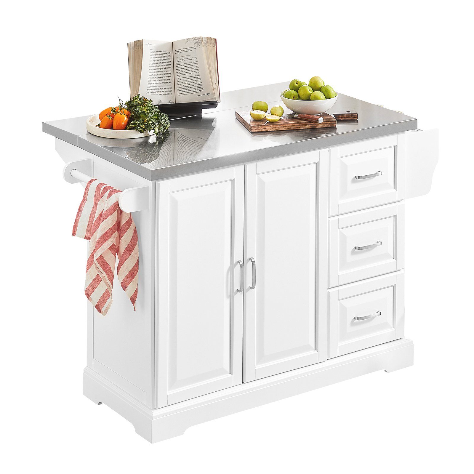 SoBuy Küchenwagen FKW41, Küchenschrank Sideboard Kücheninsel weiß-grau Arbeitsfläche mit erweiterbarer