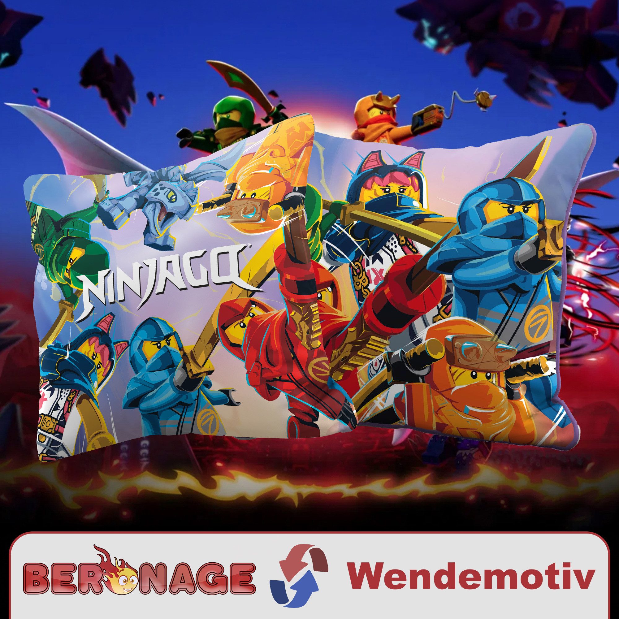 BERONAGE Dekokissen LEGO Ninjago Dragons Rising Kissen Final Battle 40x40 cm , passend zur Bettwäsche, ideal für Sofa, Couch, Bett, Auto, Camping – Bild 3 von 5