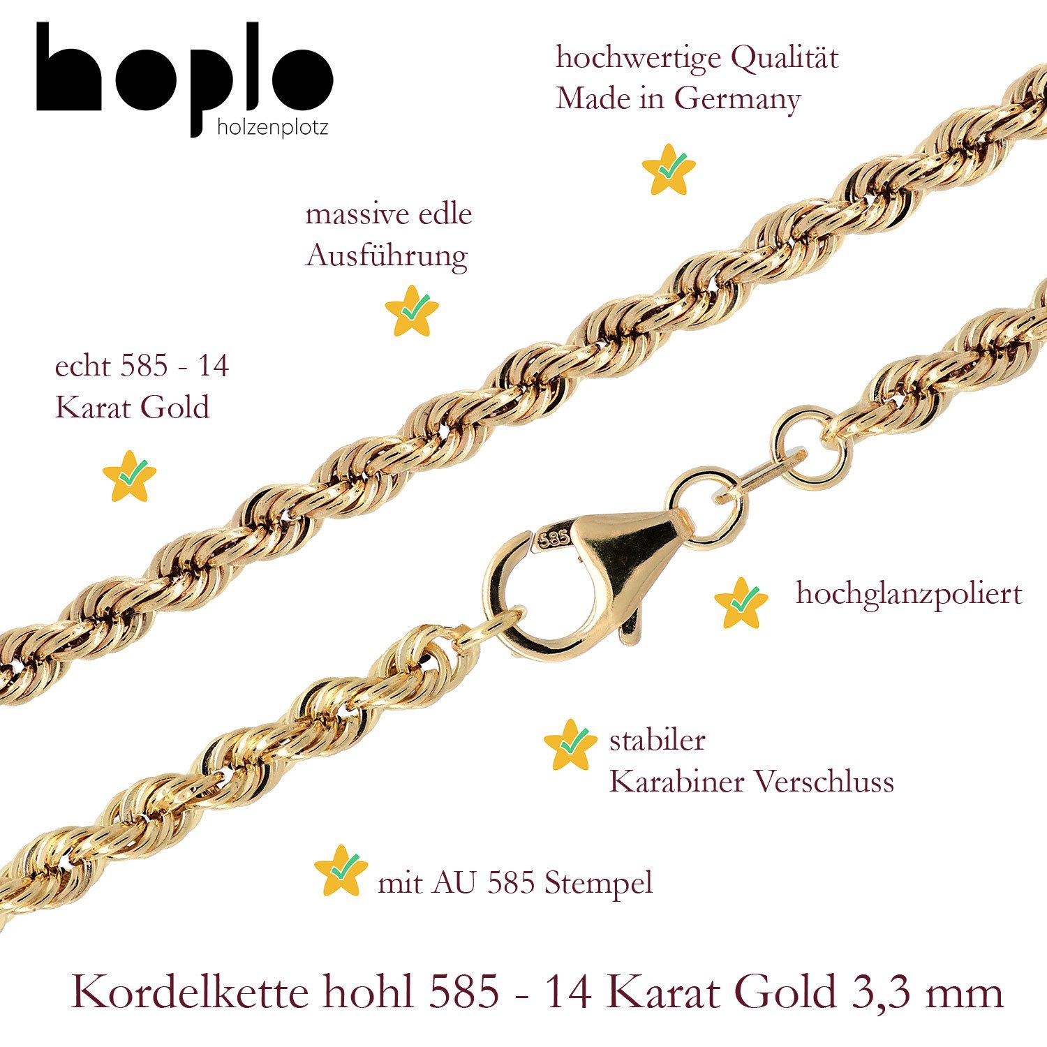 HOPLO Goldarmband Goldarmband Kordelkette hohl 3,3 mm Armkette 19 cm 585-14 Karat Gold, Made in Germany – Bild 4 von 4