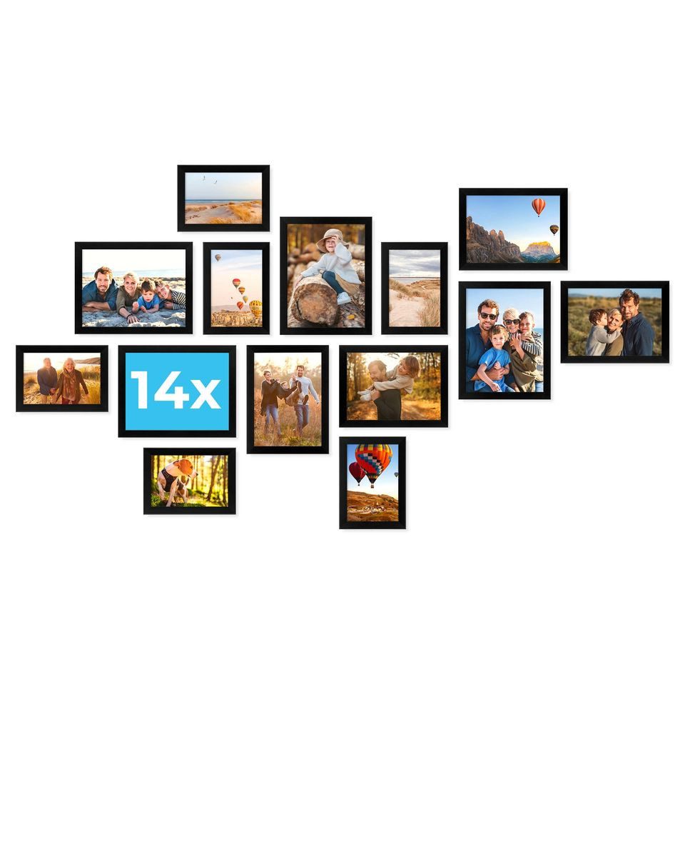 PHOTOLINI Bilderrahmen Sets in verschiedenen Formaten, MDF Holz, Acrylglas & Zubehör, für 14 Bilder (14er Set), Posterrahmen 14er Set No.2 zum Aufhängen oder Aufstellen