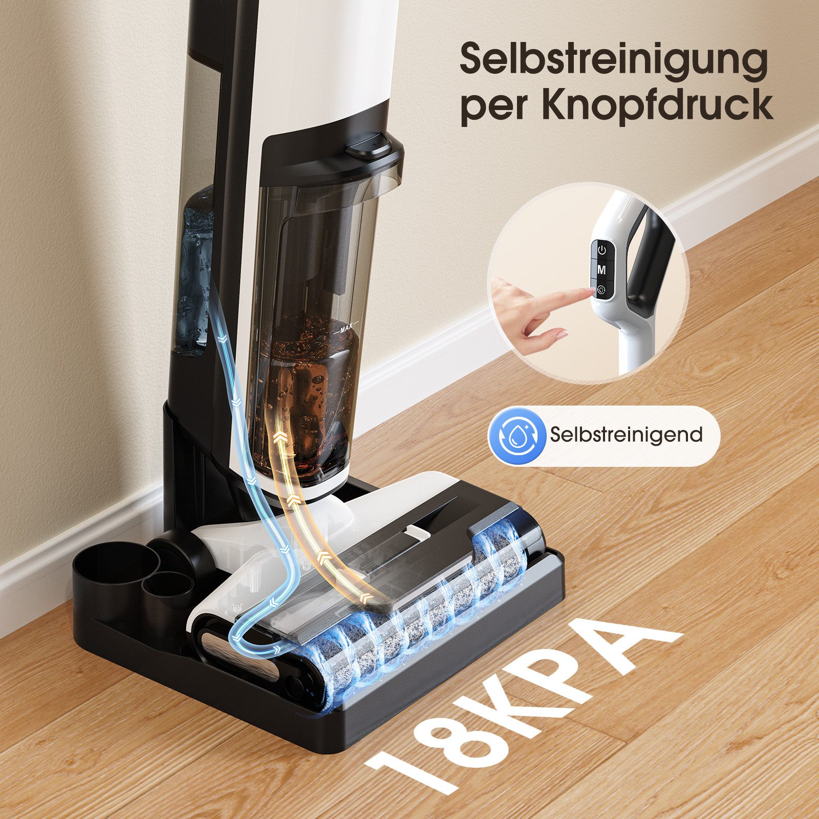 lubluelu Nass-Trocken-Akkusauger BVC-T8A Akku Nass Trockensauger 18.000 Pa Saugleistung Selbstreinigung, 190 W, beutellos, Kantenreinigung <0,6cm / Selbstreinigung per Knopfdruck