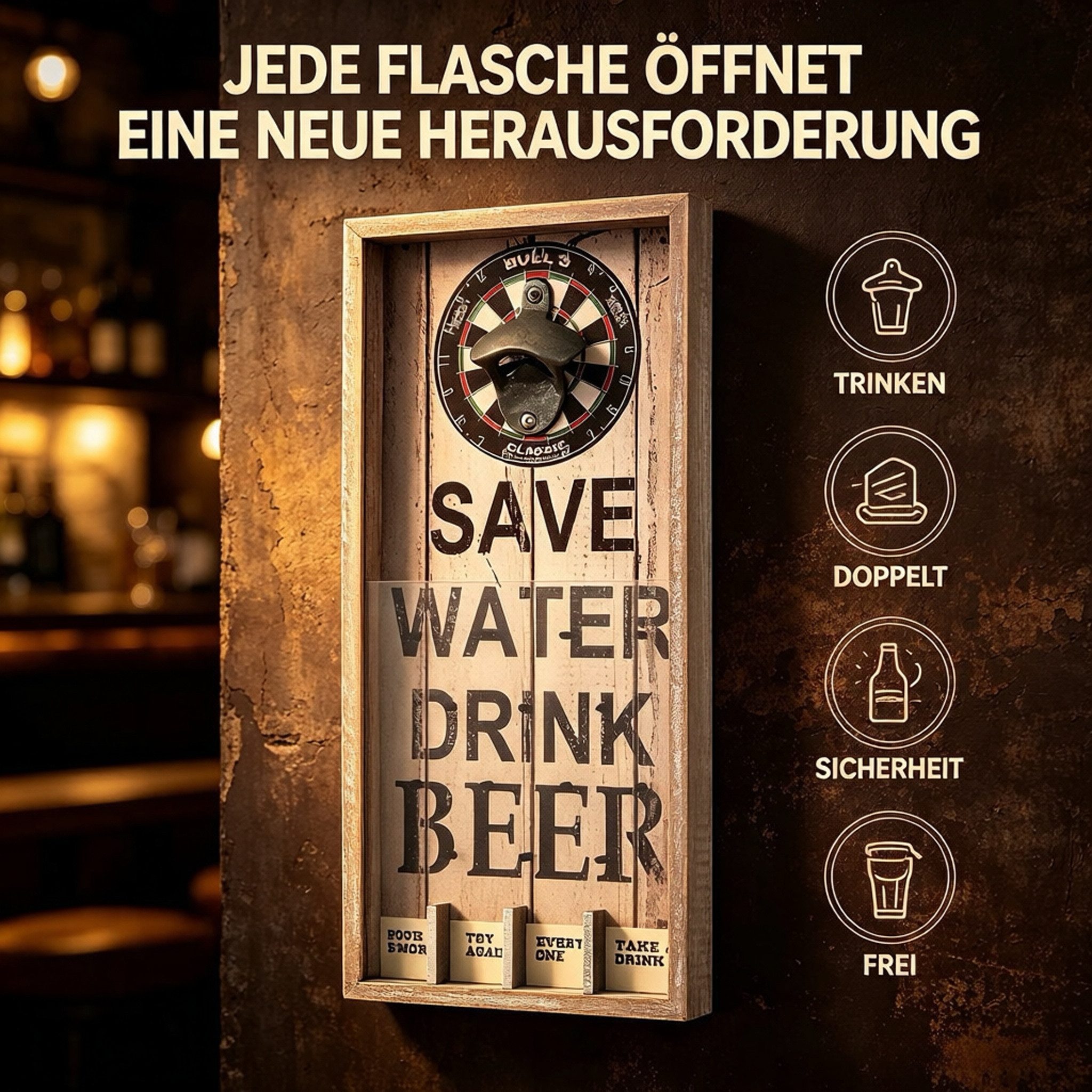 ibettertec Flaschenöffner Wandflaschenöffner Vintage Holz, Bieröffner für Wandmontage, Vintage‑Design,Stabiler Metall‑Öffner,Hochwertiges Used‑Look‑Holz – Bild 3 von 5