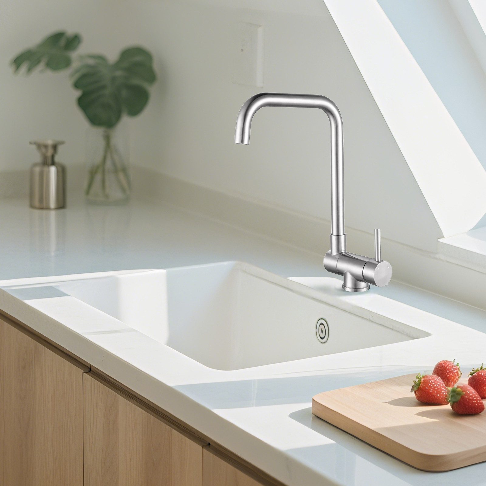 AICA Küchenarmatur Wasserhahn Küche, L-Form Einhebelmischer aus Edelstahl Speziell für innen öffnende Fenster: 90° klappbar & 360°drehbar