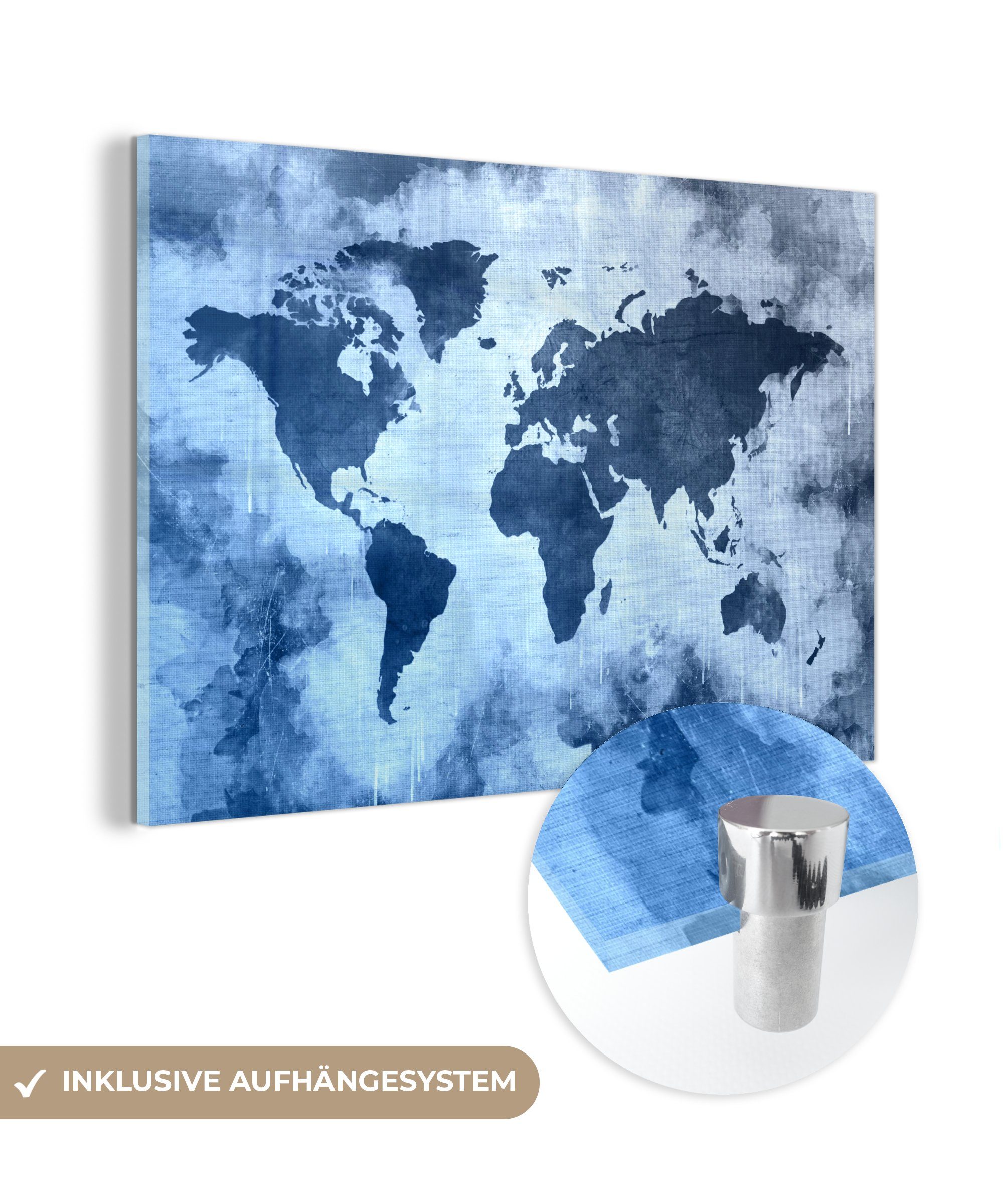 MuchoWow Acrylglasbild Weltkarte - Farbe - Blau, (1 St), Glasbilder - Bilder auf Glas Wandbild - Foto auf Glas - Wanddekoration