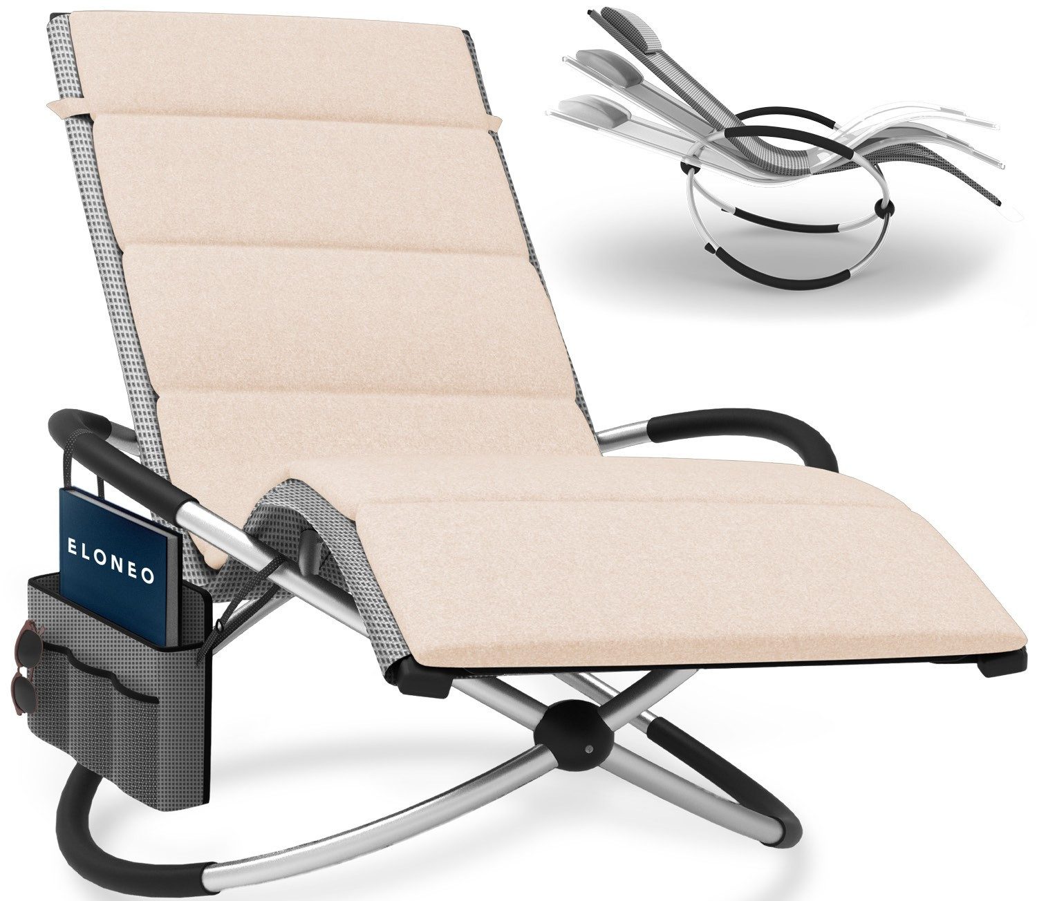 ELONEO Gartenliege Schaukelliege Outdoor mit Tasche, Strandliege klappbar bis 180 kg, Schaukelsessel, Liegestuhl wetterfest, Sonnenliege für Garten & Balkon