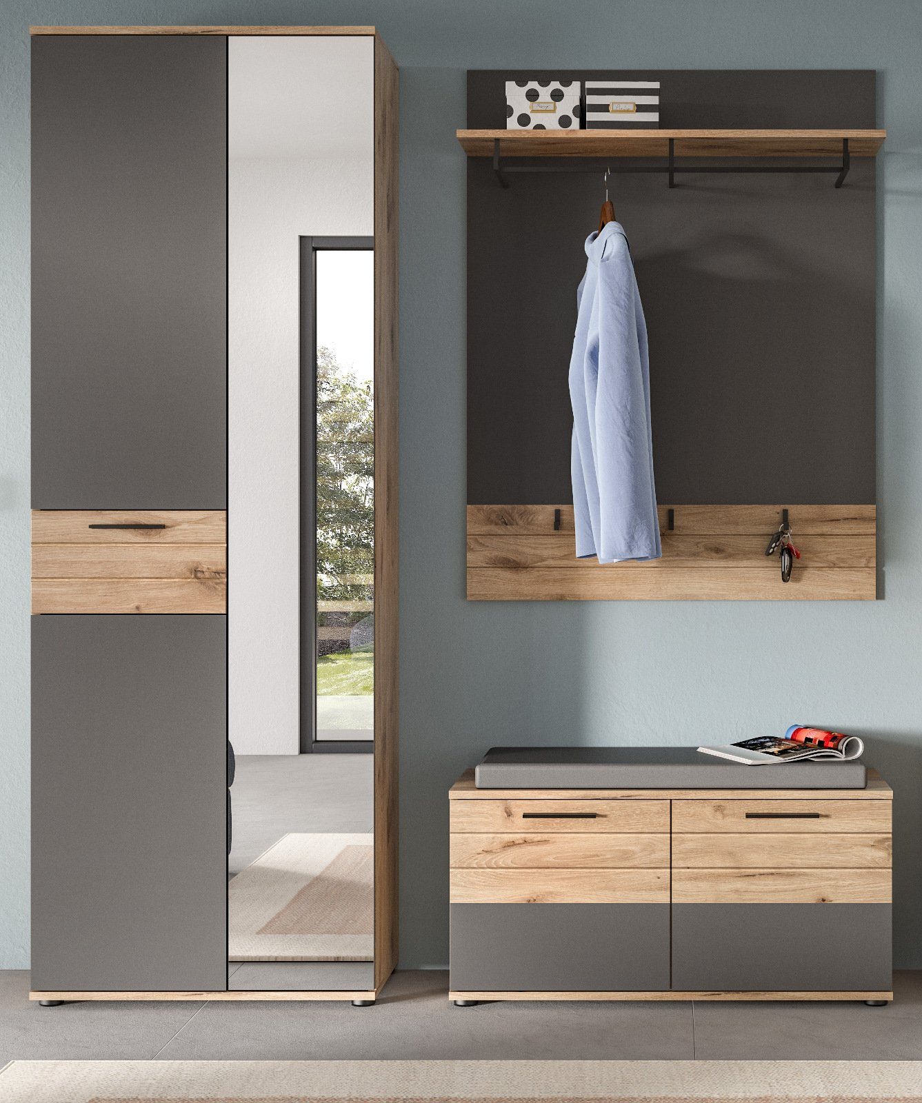 und bis Soft-Close mit x xonox.home mit 9 Garderobenschrank Mason 200 Schuhschrank zu (Garderobe Fächer, Spiegeltür, 70 cm)