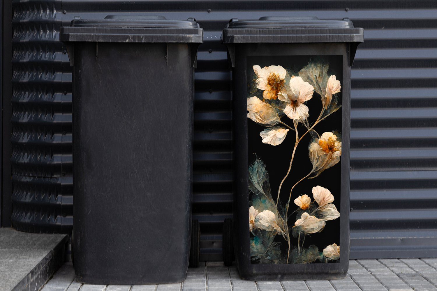Mülleimer-aufkleber, Container, Sticker, Mülltonne, Schwarz St), - - - Blumen Vintage MuchoWow Abfalbehälter Pflanzen Wandsticker (1