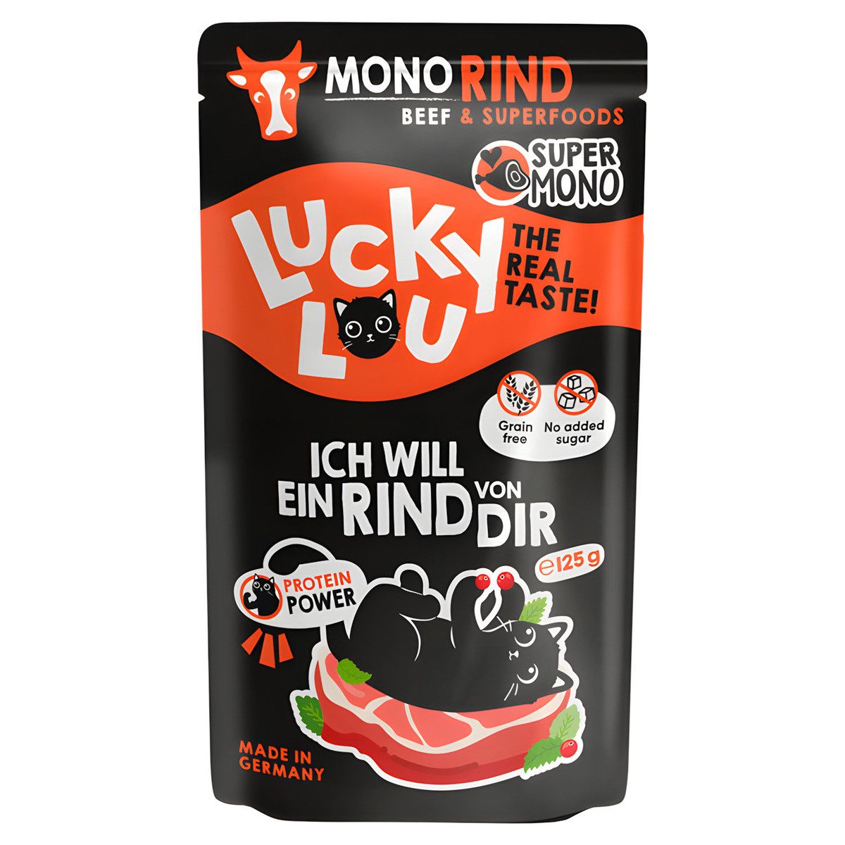 Lucky Lou SuperMono Rind 125 g, Nassfutter für: Katze