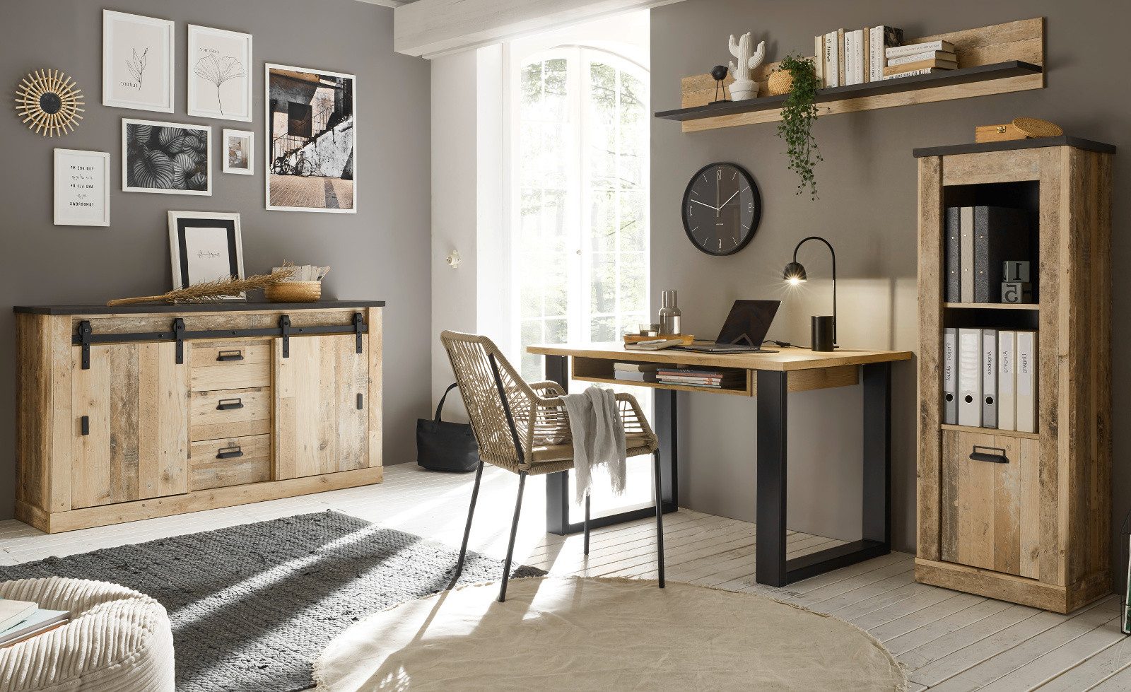 Furn.Design Büromöbel-Set Stove, (in Used Wood Altholz Dekor, Komplett-Set 4-teilig), mit Schiebetüren und Soft-Close