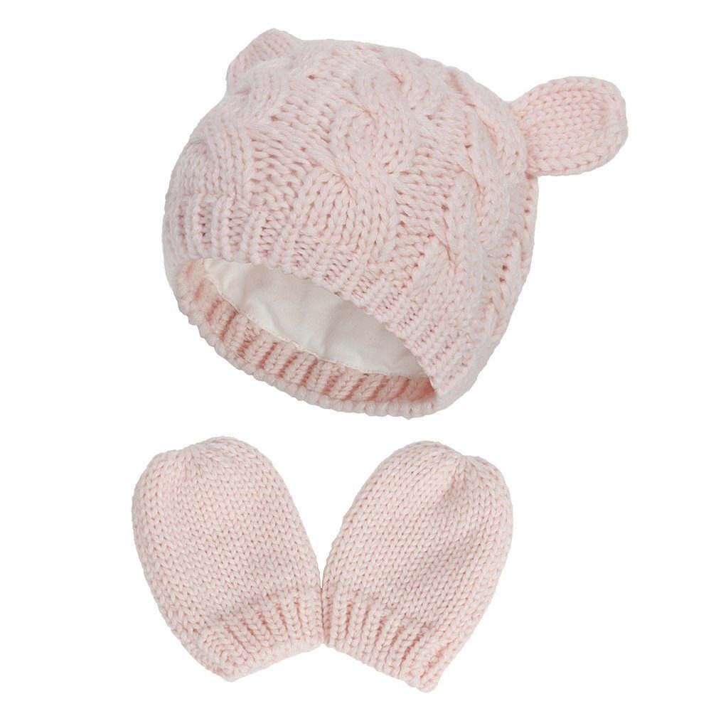 Invanter Strickmütze Baby Strickmütze und Handschuh Set mit süßem kleinen Ohr Design Rosa