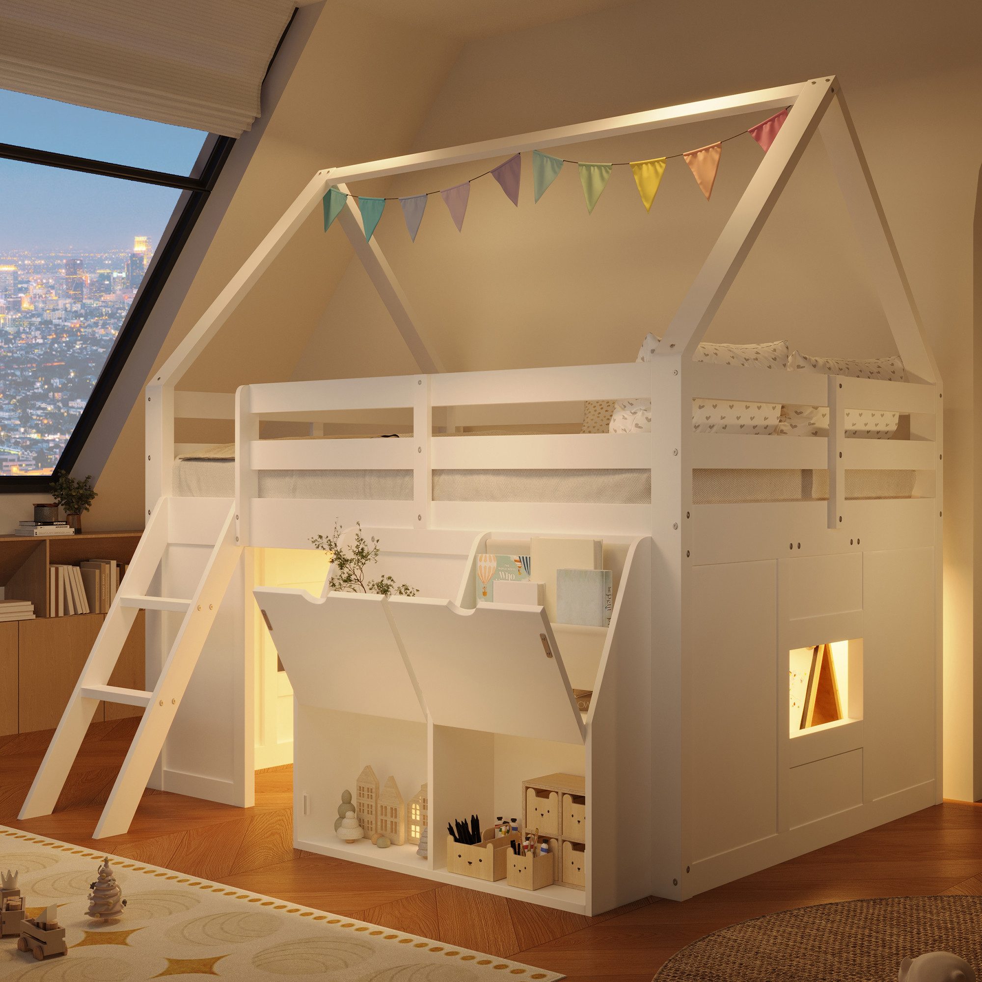 Flieks Hochbett Kinderbett 140x200cm mit LED-Leiste, Stauraumboxen mit Klappdeckel