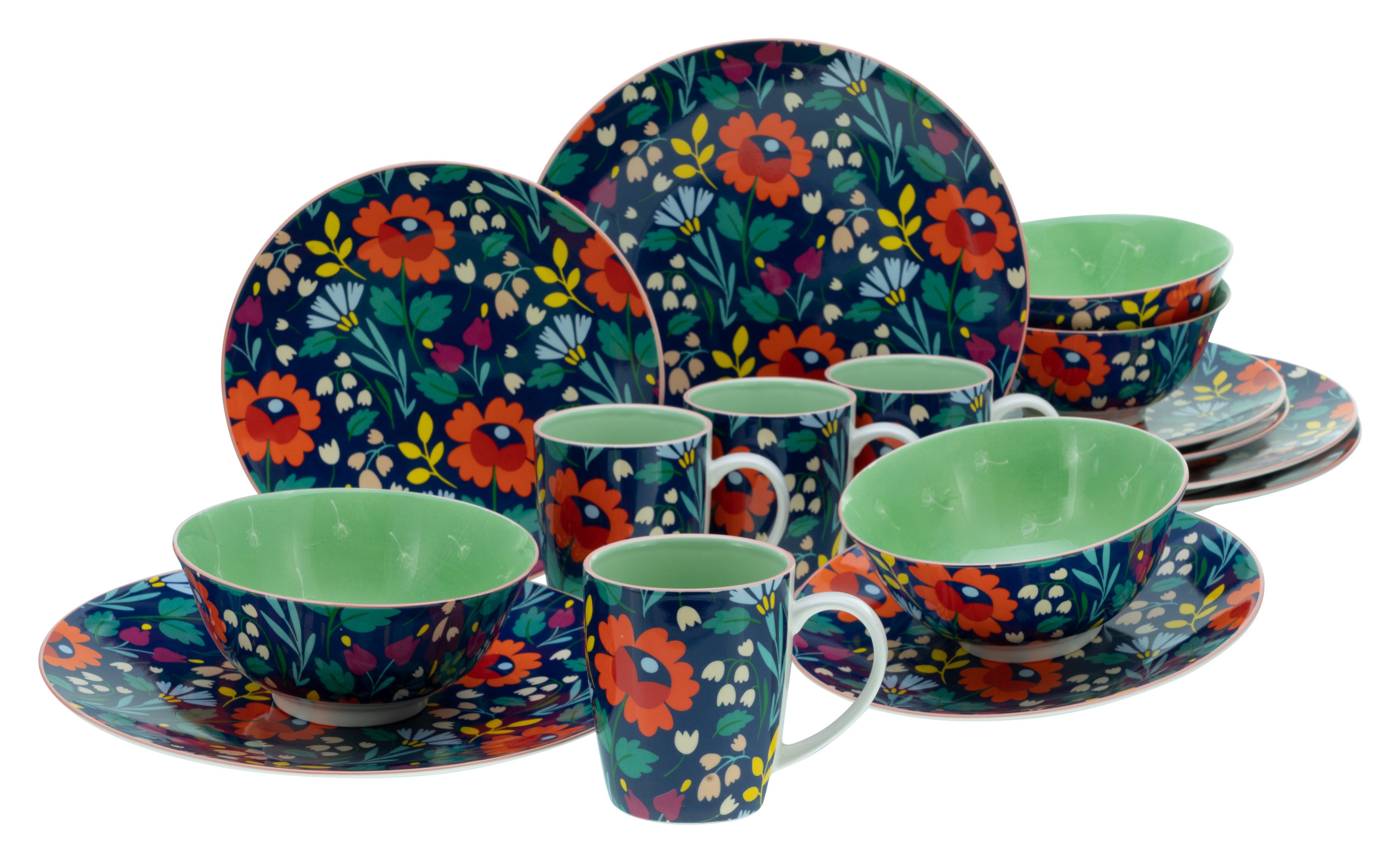 CreaTable Kombiservice Folklore Blau, Kombi-Service 16 tlg (16-tlg), 4 Personen, Steinzeug, Blumenmotive