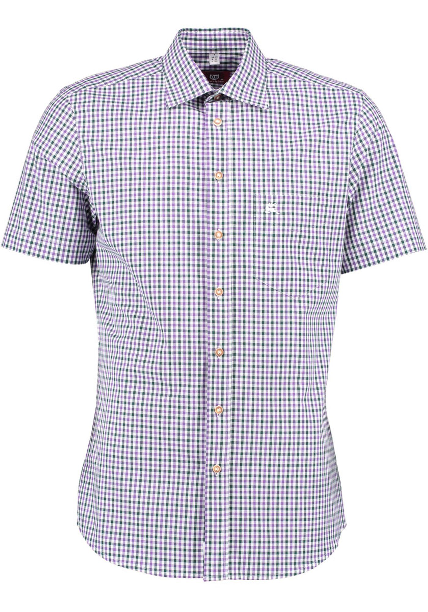 Kurzarmhemd der auf lila Purli Hirsch-Stickerei Trachtenhemd Brusttasche mit OS-Trachten