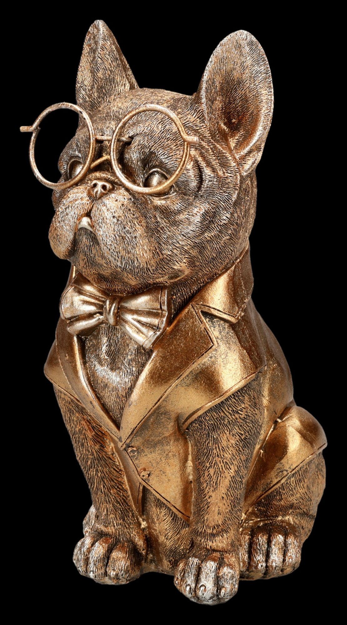 Figuren Shop GmbH Tierfigur Bulldogge Figur – Gentleman Hund Statue mit Brille & Fliege 21,5 cm