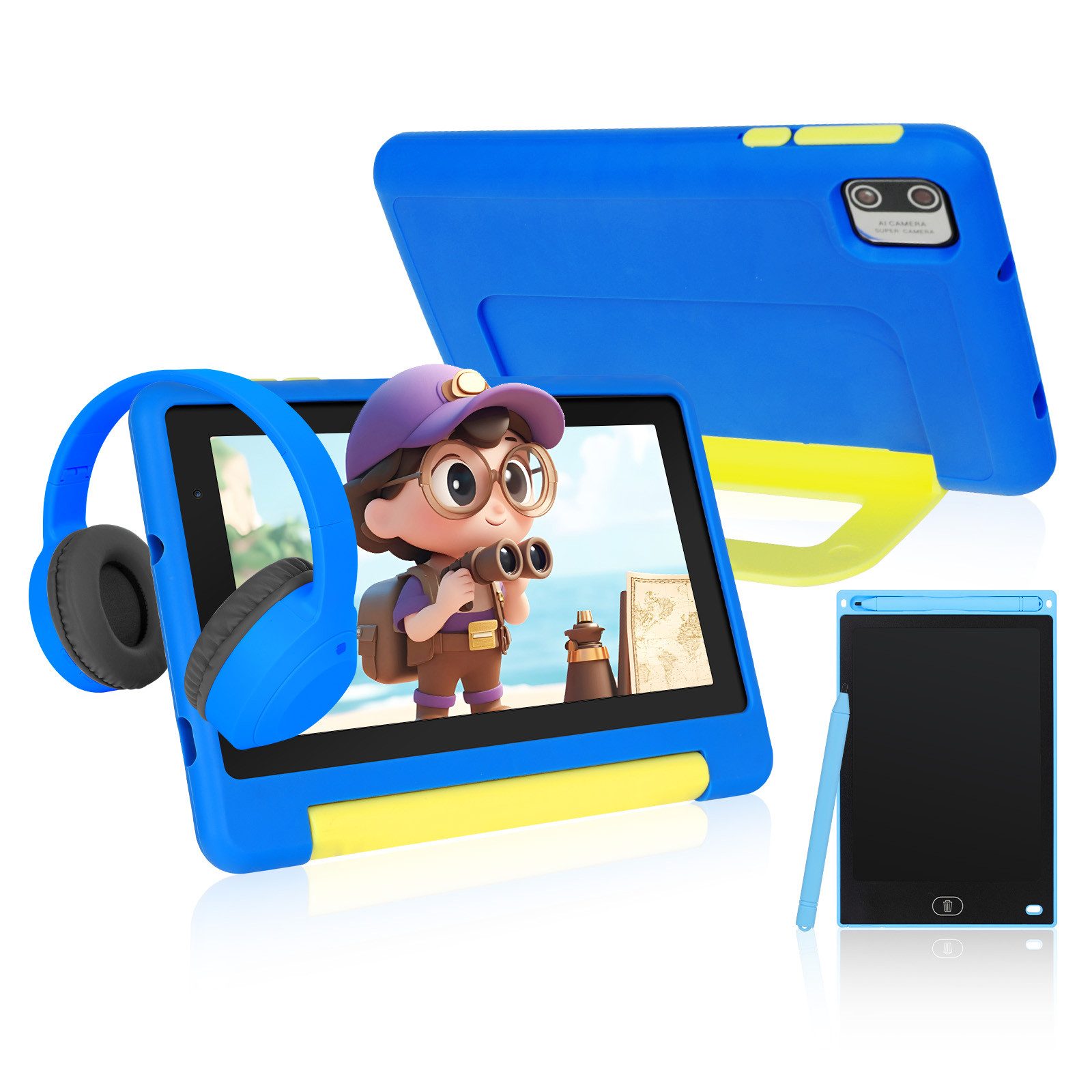 BUFO 7 Zoll 8(2+6)GB+64GB, Wi-Fi, Bluetooth, 1024 x 600 HD-Display, Kinder Tablet (7", 64 GB, Android, WiFi, Android 13, mit Schreibtafel mit Stylus, Kopfhörer und Tragetasche)