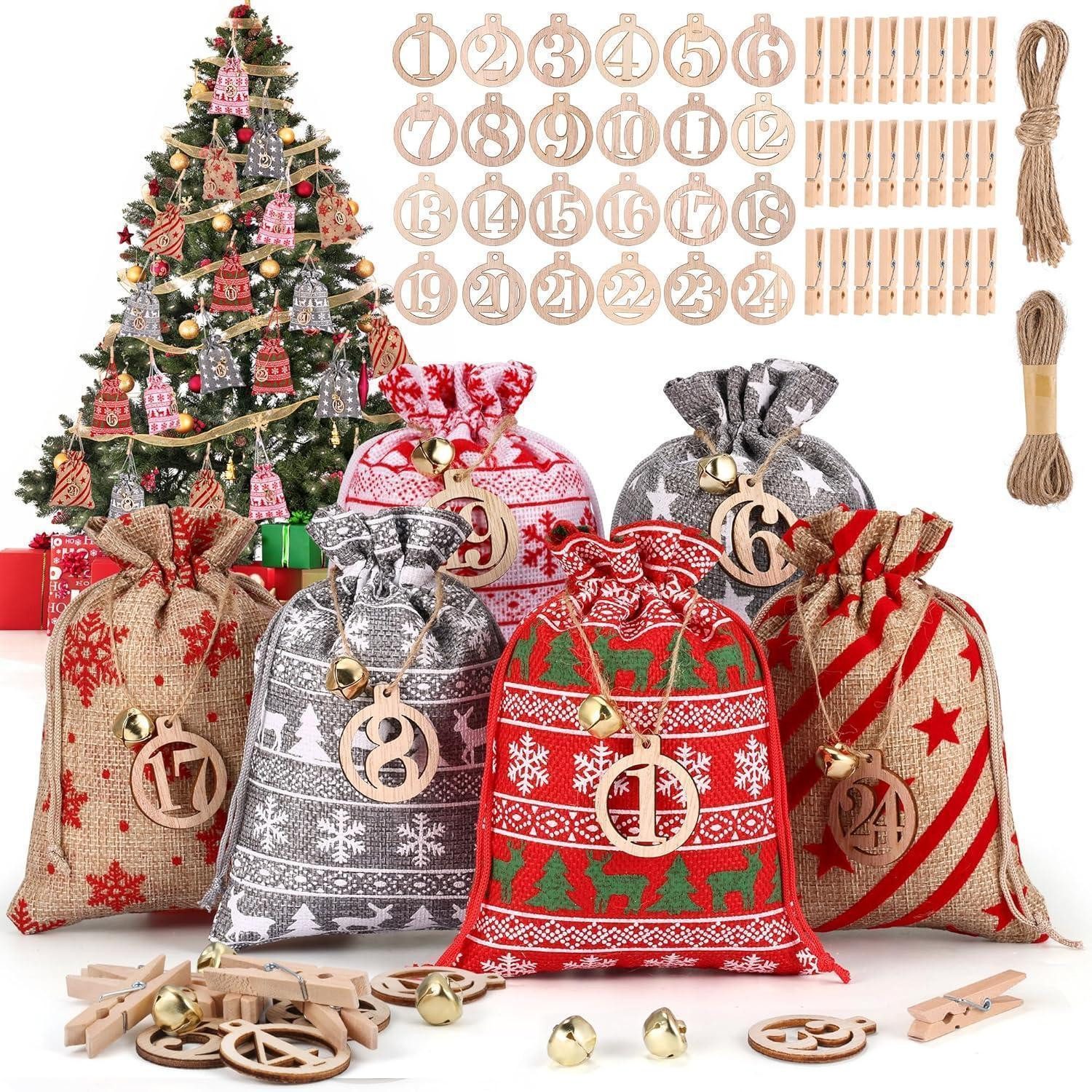 LuxusKollektion DIY-Adventskalender Adventskalender 24 DIY Stoffsäckchen Holzzahlen Grau Ephedra Rot Weiß