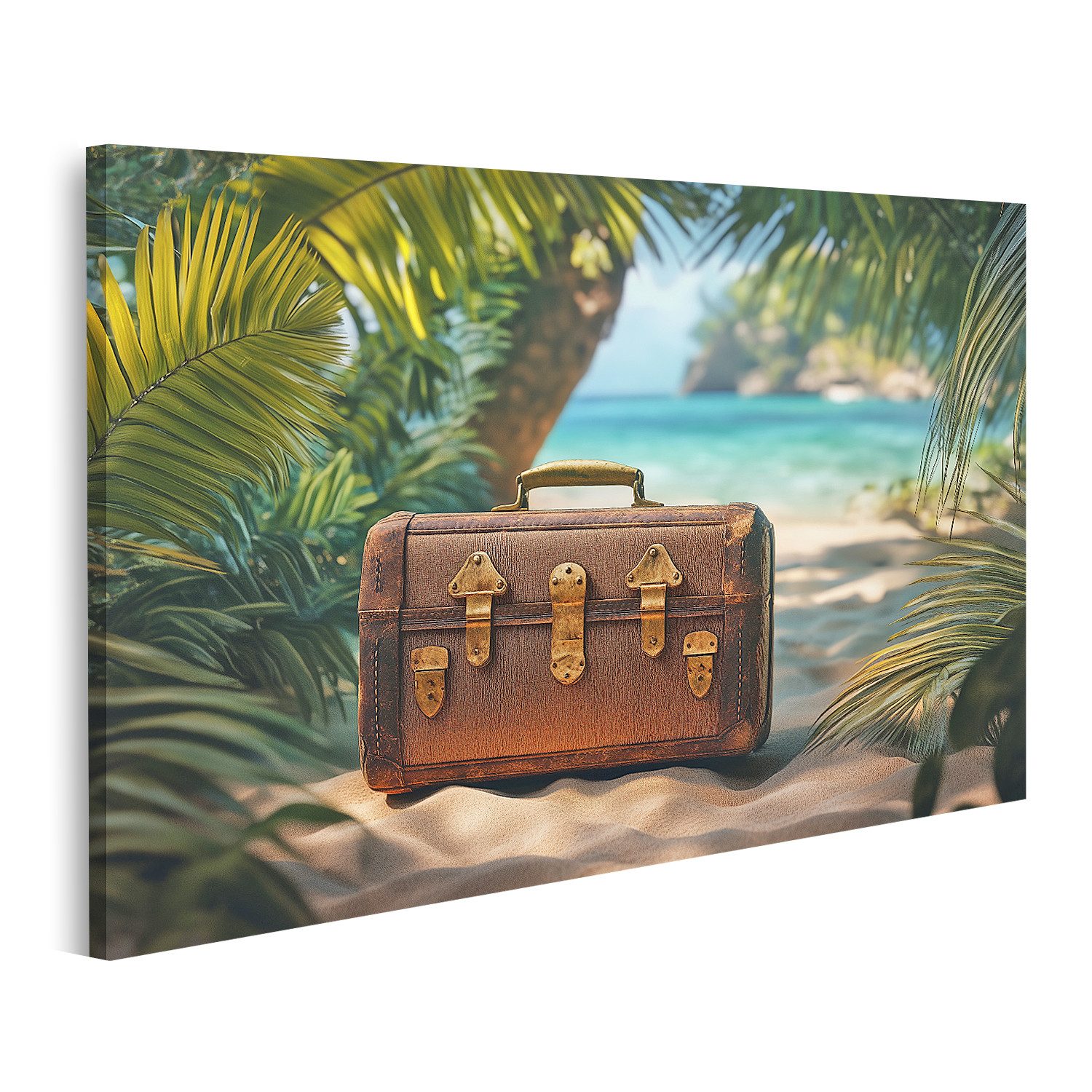 islandburner Leinwandbild, Alter Koffer auf tropischem Strand
