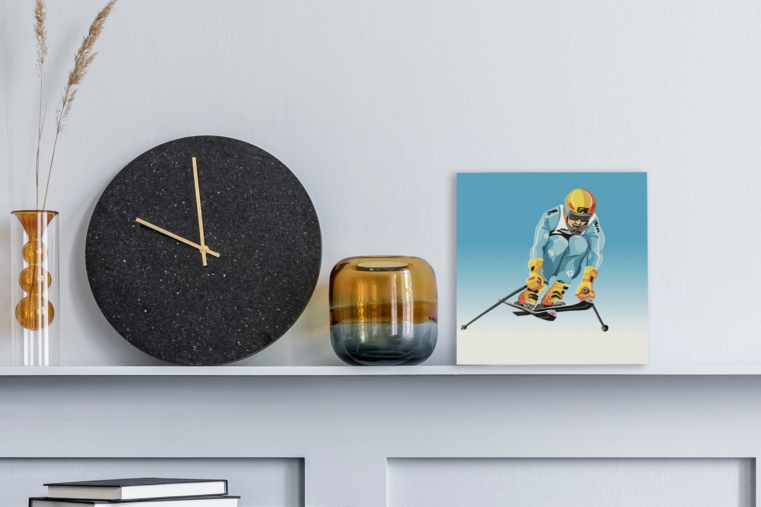 Wohnzimmer St), OneMillionCanvasses® Illustration, großen für Ein macht einen Bilder Sprung einer Skifahrer in (1 Leinwandbild Leinwand Schlafzimmer