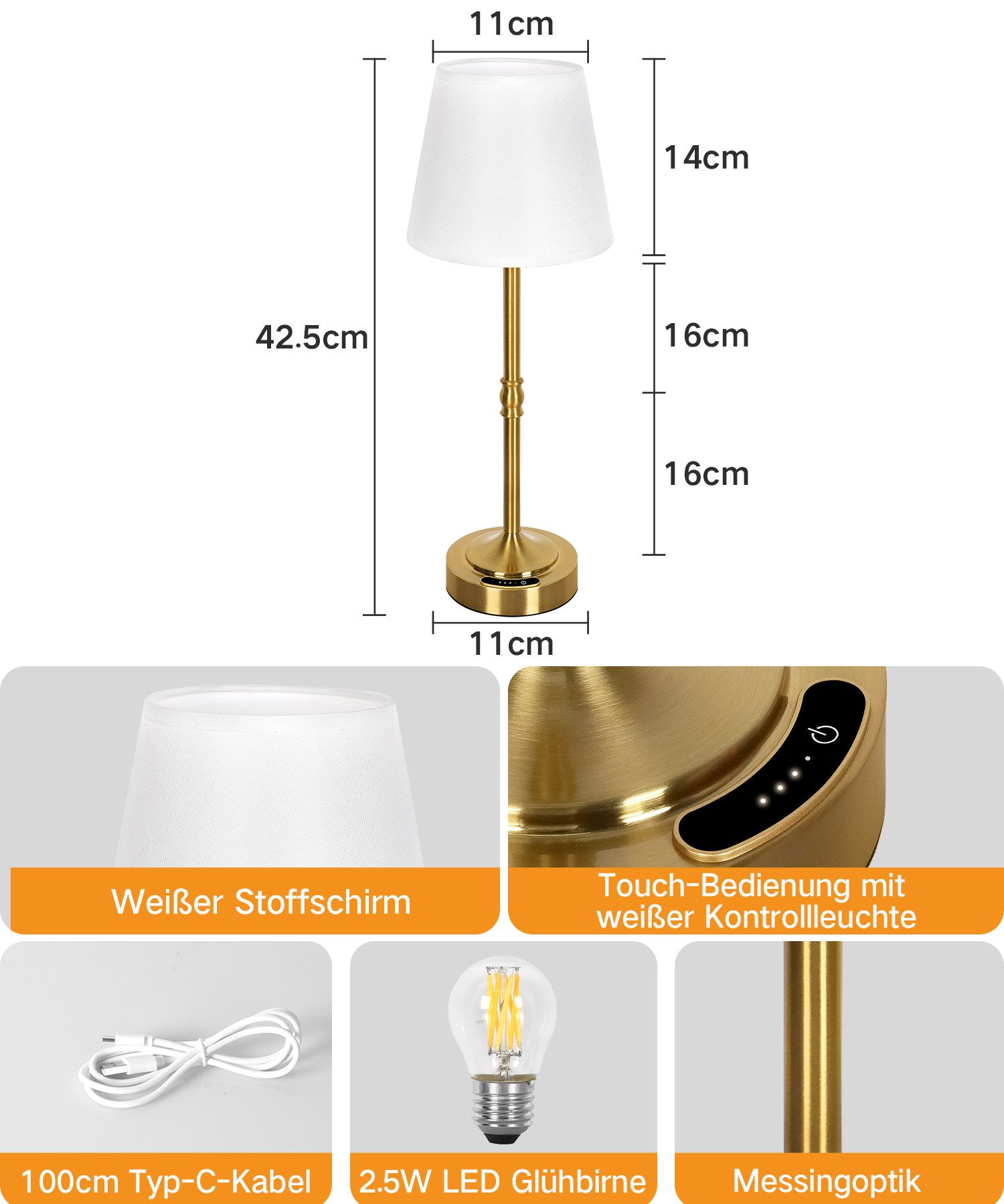 OUTON Tischleuchte Kabellose Tischleuchte mit klarem Schirm & Akku – Gold