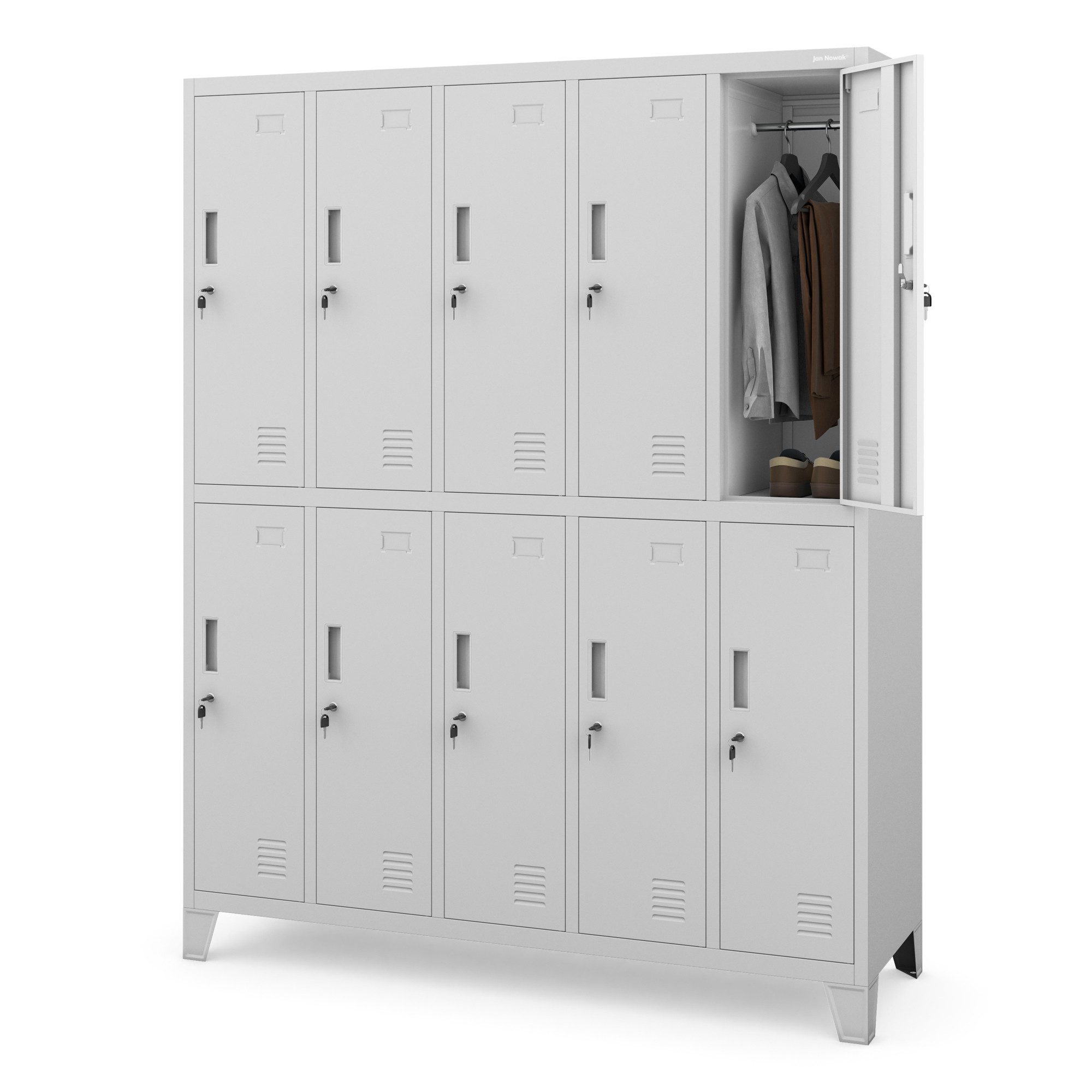 Jan Nowak Mehrzweckschrank Metall Kleiderspind 136 cm BARTEK 10 Fächer abschließbar Stahl (Stahl pulverbeschichtet PZH-zertifiziert) Garderobenschrank Schloss je Fach hoch robust 12 Farben PZH