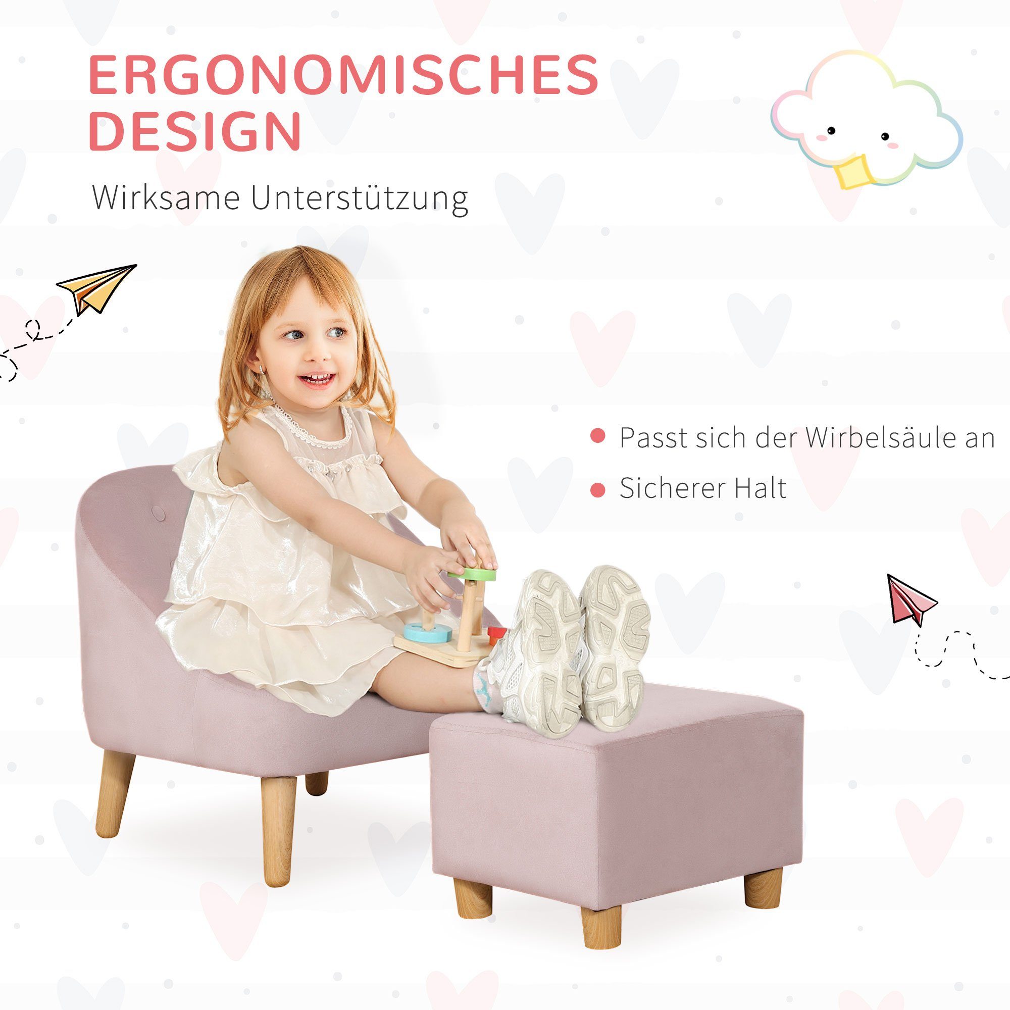 Einfache Kindersessel | HOMCOM Eukalyptusholz rosa Samtoptik Sessel Demontage rosa Kindermöbel Montage | (Set, Kinderzimmer Kindersofa), rosa 10-St., und